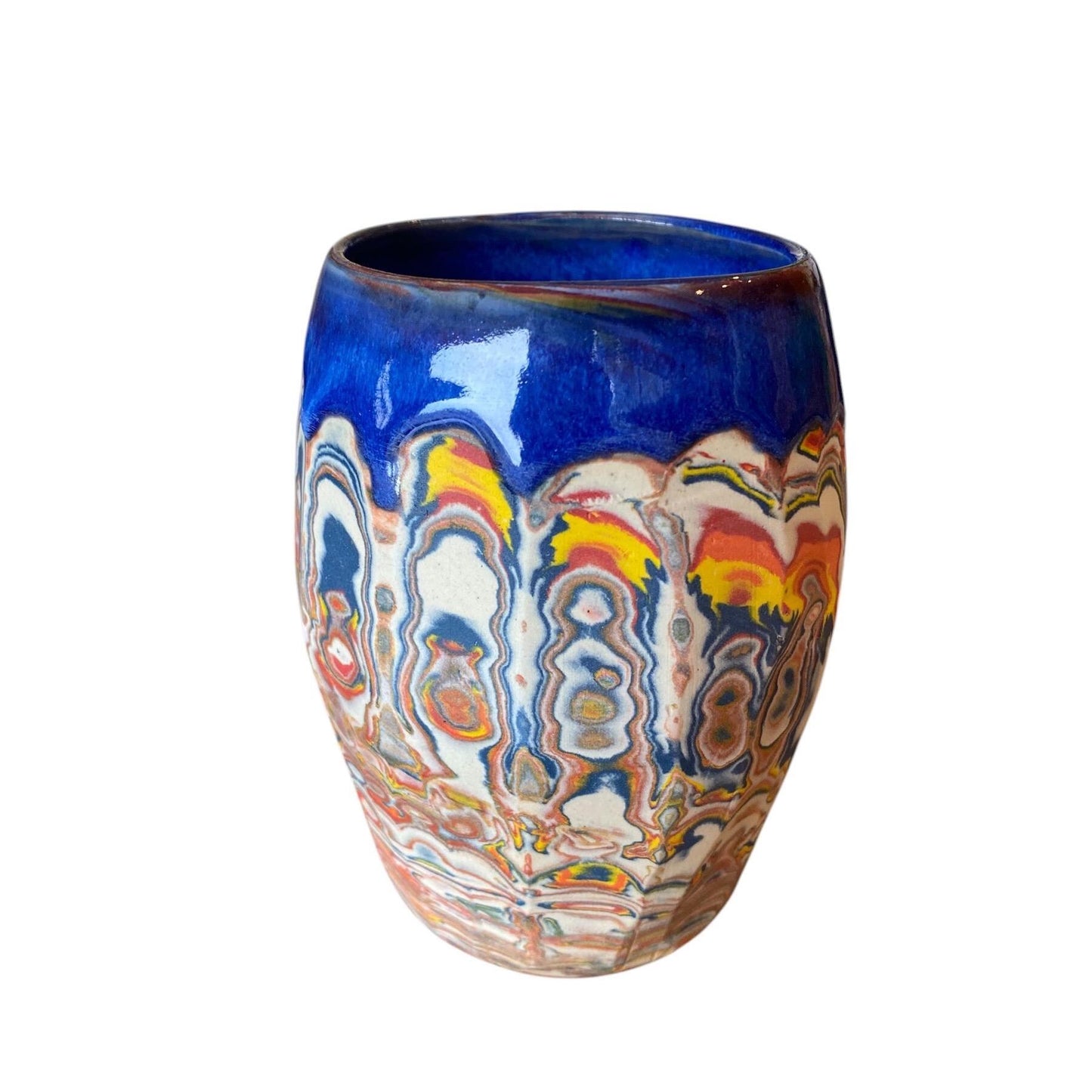 Artisanal Fluted 16 Ounce Porcelain Mug: Neriage Swirled Clays, Hand-Carved Satin-Smooth Pottery (D-36)