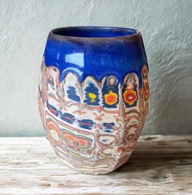 Artisanal Fluted 16 Ounce Porcelain Mug: Neriage Swirled Clays, Hand-Carved Satin-Smooth Pottery (D-34)