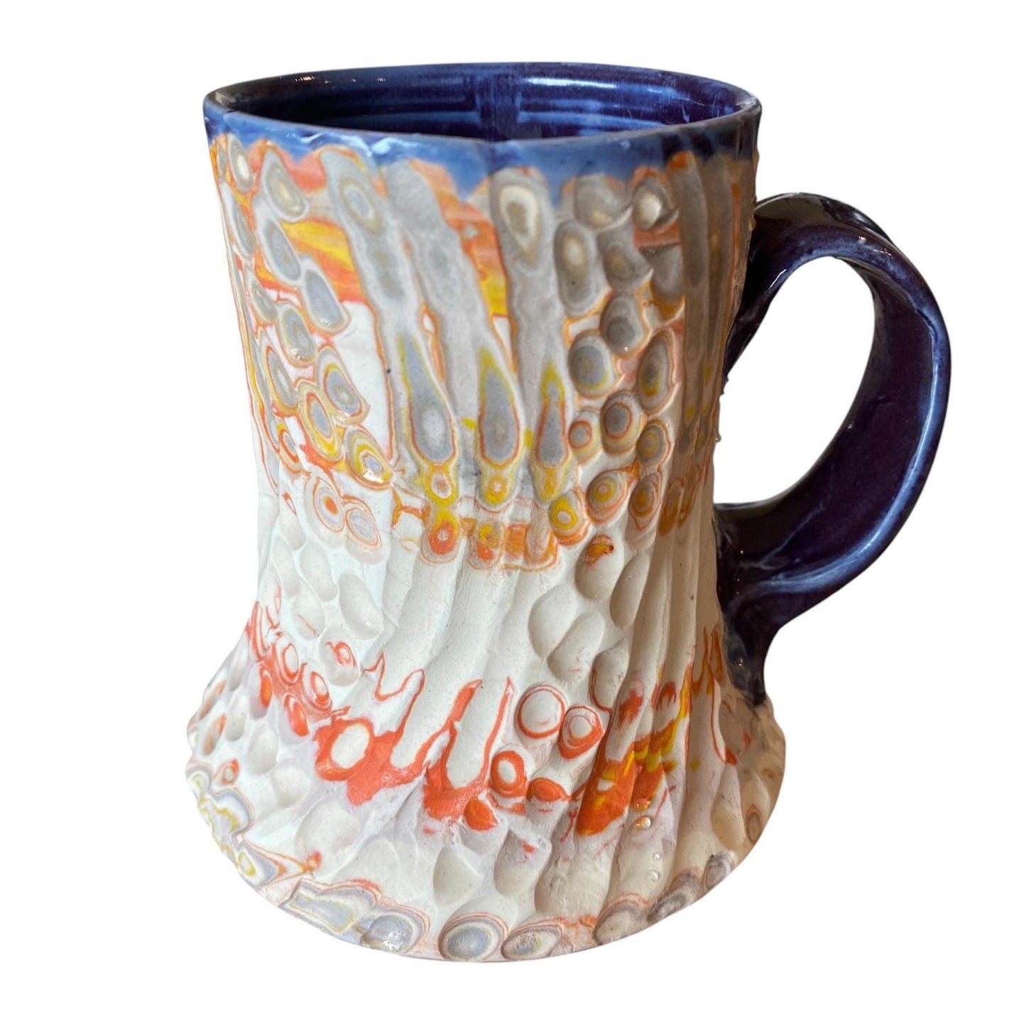 Artisanal Fluted 16 Ounce Porcelain Mug: Neriage Swirled Clays, Hand-Carved Satin-Smooth Pottery (D-37)