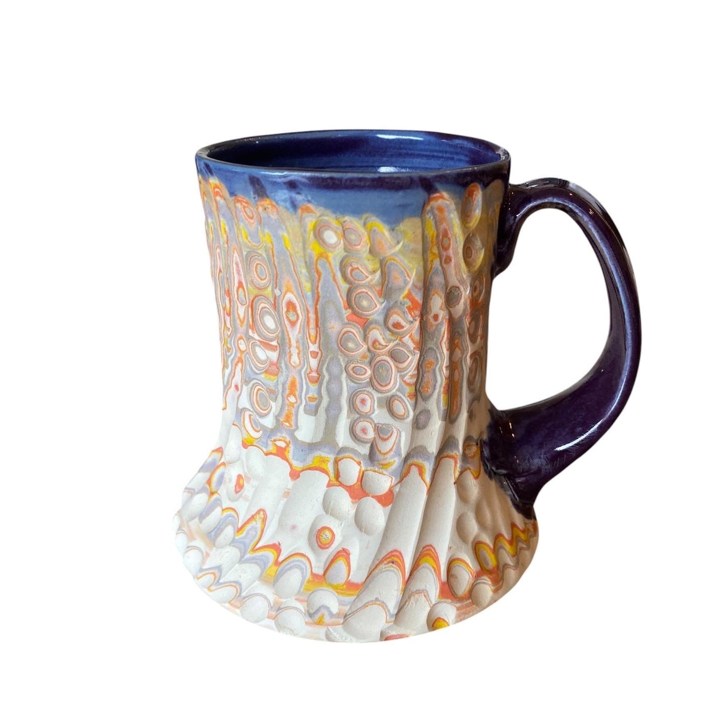 Artisanal Fluted 16 Ounce Porcelain Mug: Neriage Swirled Clays, Hand-Carved Satin-Smooth Pottery (D-38)