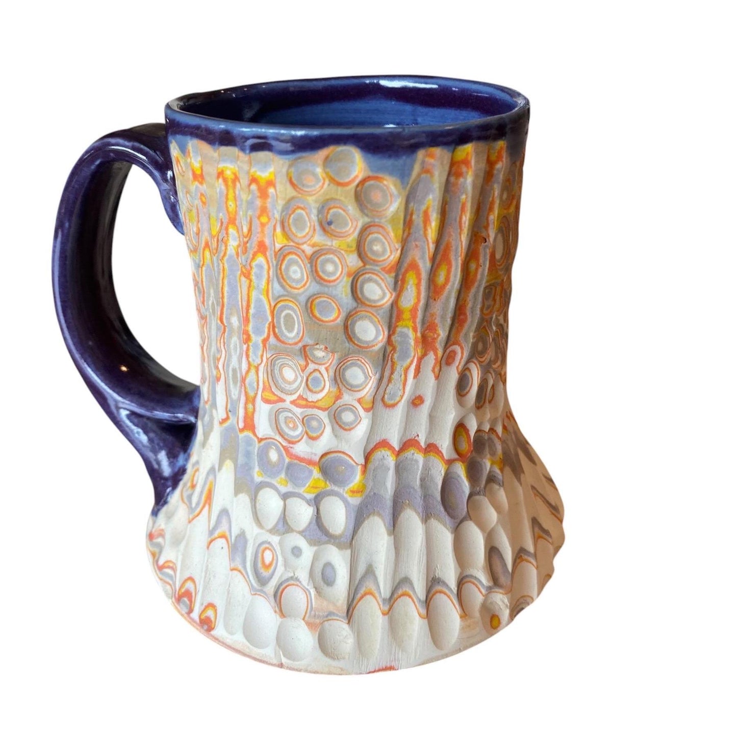 Artisanal Fluted 16 Ounce Porcelain Mug: Neriage Swirled Clays, Hand-Carved Satin-Smooth Pottery (D-38)