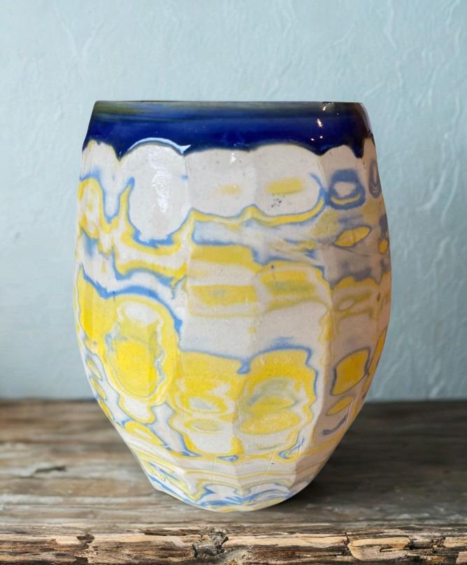 Artisanal Fluted 24 Ounce Porcelain Mug: Neriage Swirled Clays, Hand-Carved Satin-Smooth Pottery (D-32)