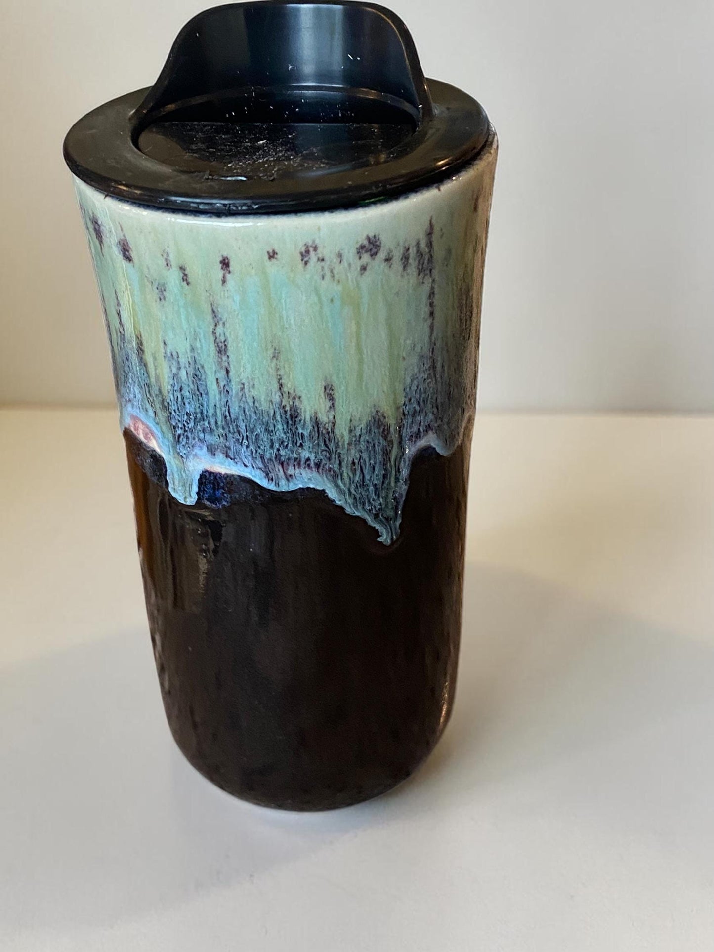 Artisan 16 oz Reactive Turquoise & Black Porcelain Travel Mug | Handmade Ceramic Coffee Cup for Commuters