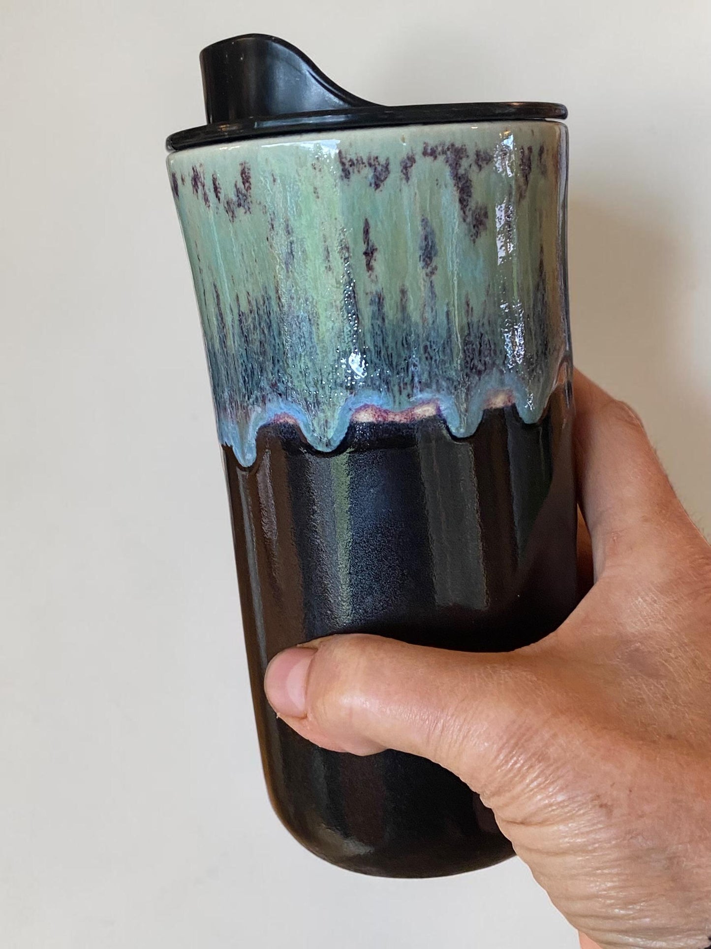 Artisan 16 oz Reactive Turquoise & Black Porcelain Travel Mug | Handmade Ceramic Coffee Cup for Commuters