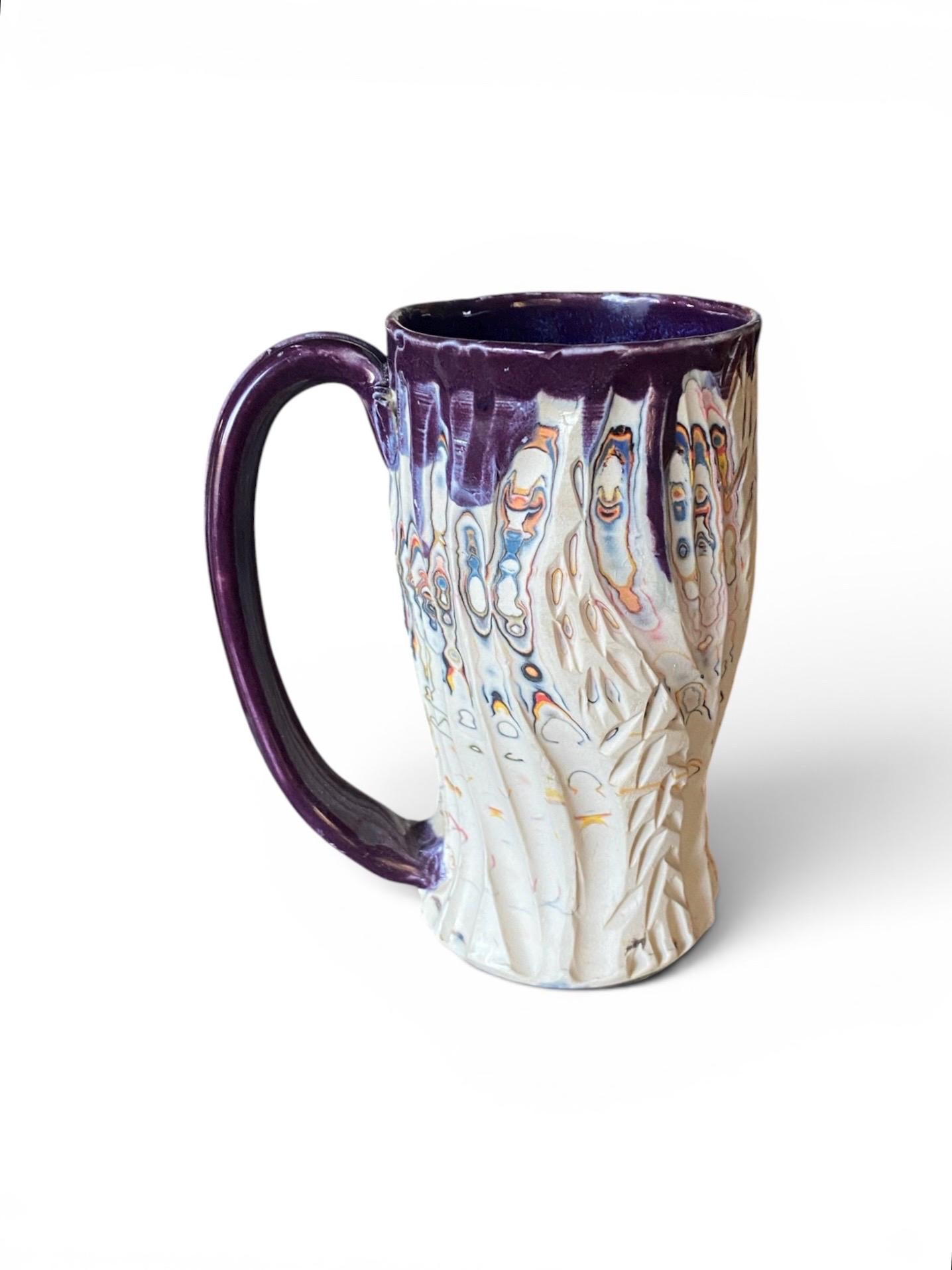 Handmade 16 Ounce Carved Nerikomi Coffee Mug With Rainbow Clay Colors