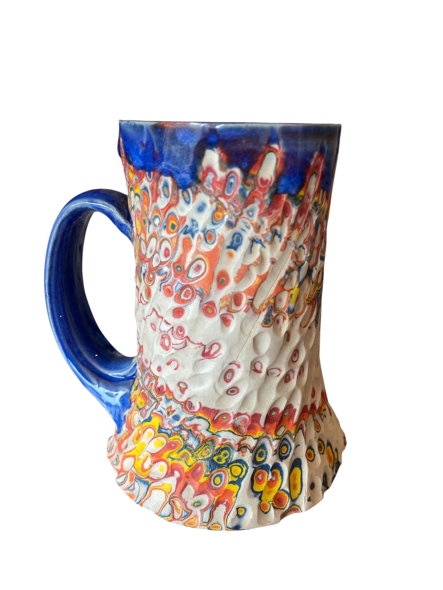 Artisanal Fluted 16 Ounce Porcelain Mug: Neriage Swirled Clays, Hand-Carved Satin-Smooth Pottery (D-28)