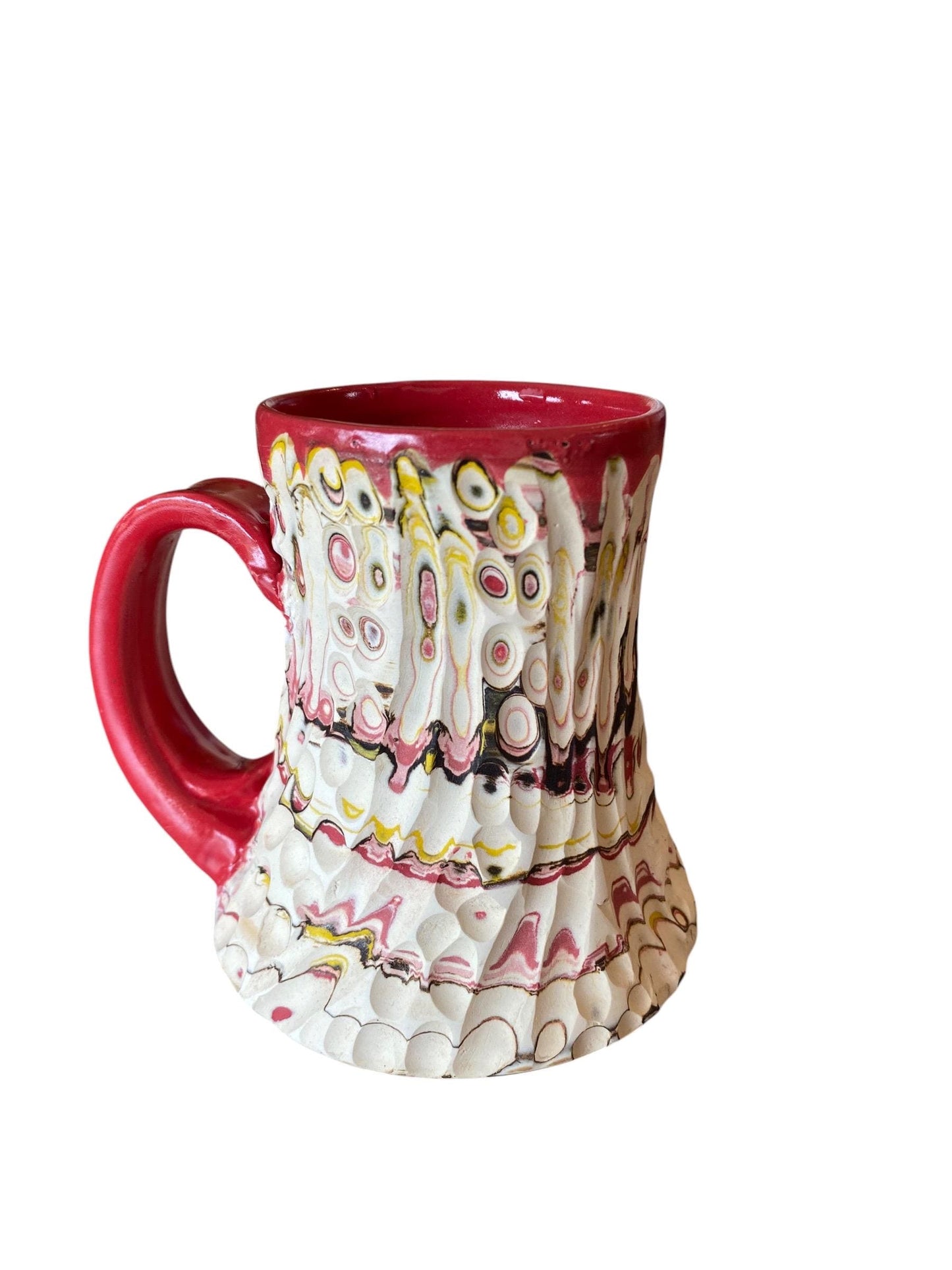 Artisanal Fluted 12 Ounce Porcelain Mug: Neriage Swirled Clays, Hand-Carved Satin-Smooth Pottery (D-24)