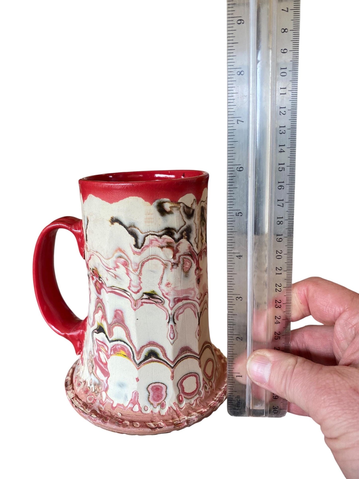 Artisanal Fluted 18 Ounce Porcelain Mug: Neriage Swirled Clays, Hand-Carved Satin-Smooth Pottery (D-19)