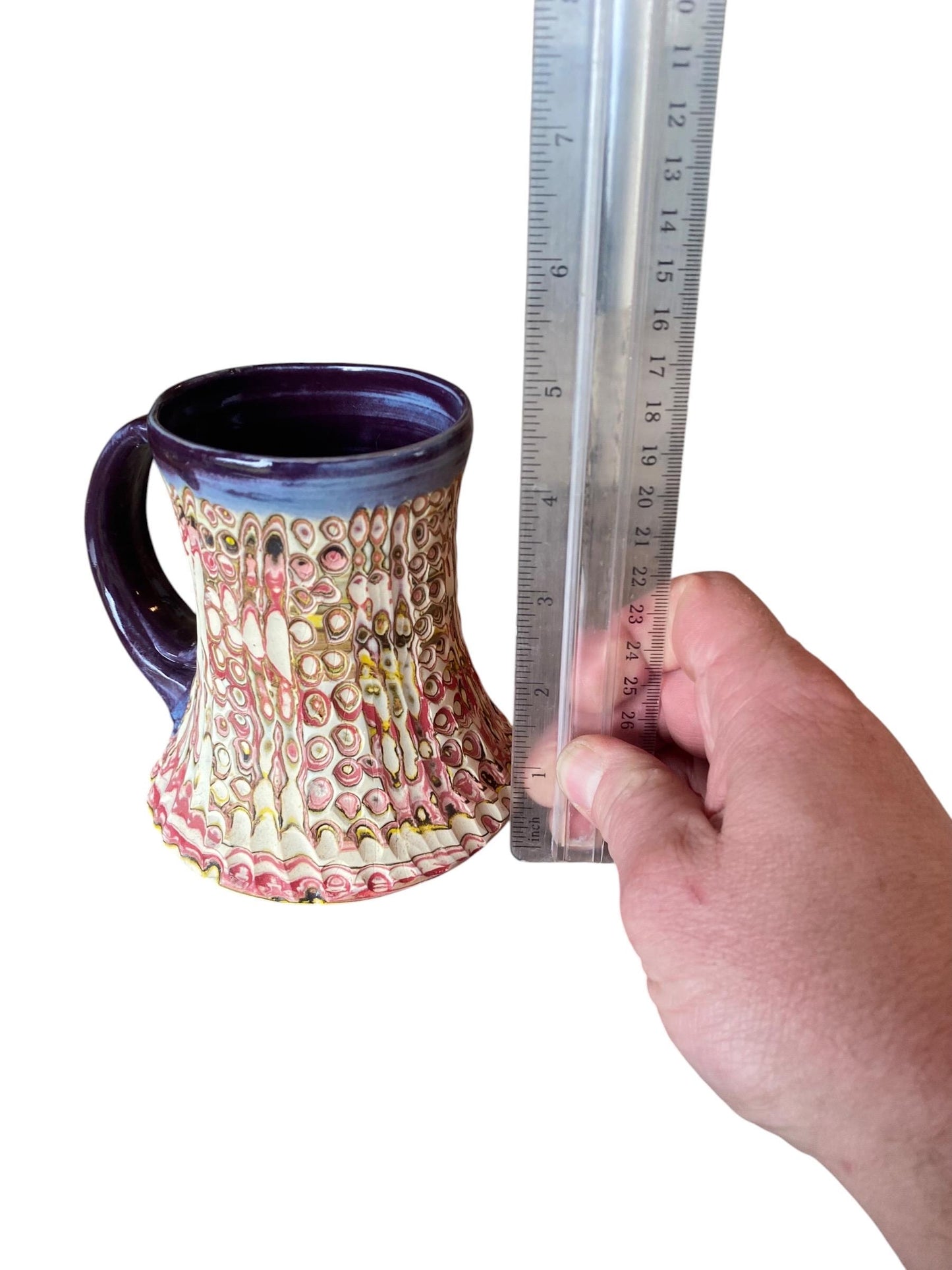 Artisanal Fluted 16 Ounce Porcelain Mug: Neriage Swirled Clays, Hand-Carved Satin-Smooth Pottery (D-39)