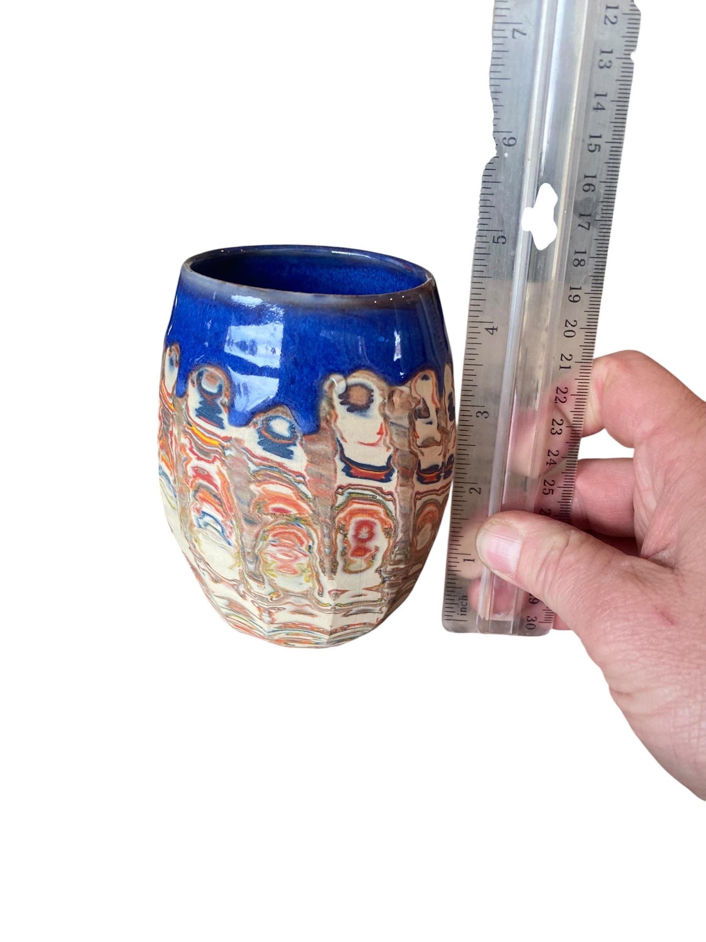 Artisanal Fluted 16 Ounce Porcelain Mug: Neriage Swirled Clays, Hand-Carved Satin-Smooth Pottery (D-34)