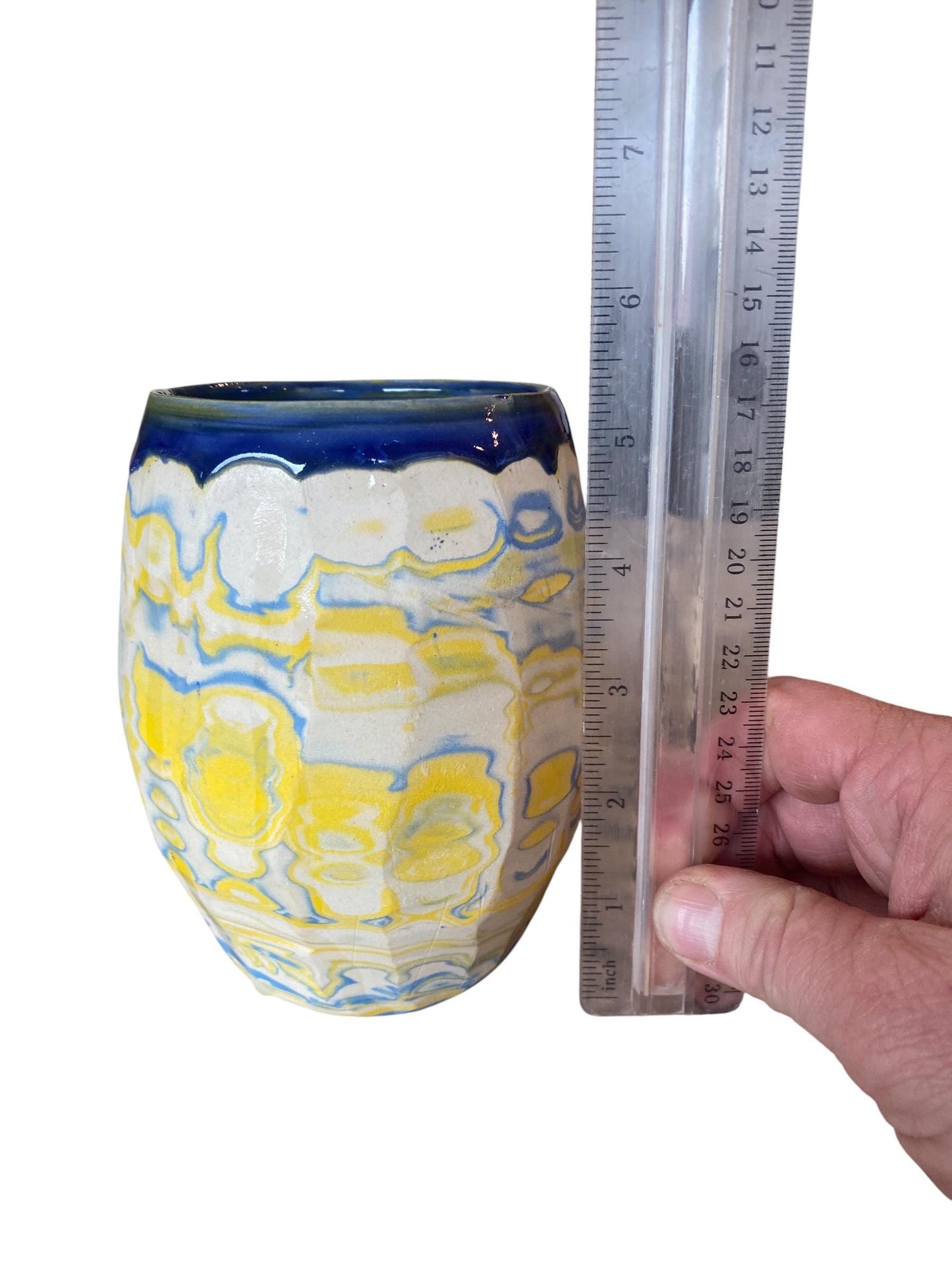 Artisanal Fluted 24 Ounce Porcelain Mug: Neriage Swirled Clays, Hand-Carved Satin-Smooth Pottery (D-32)