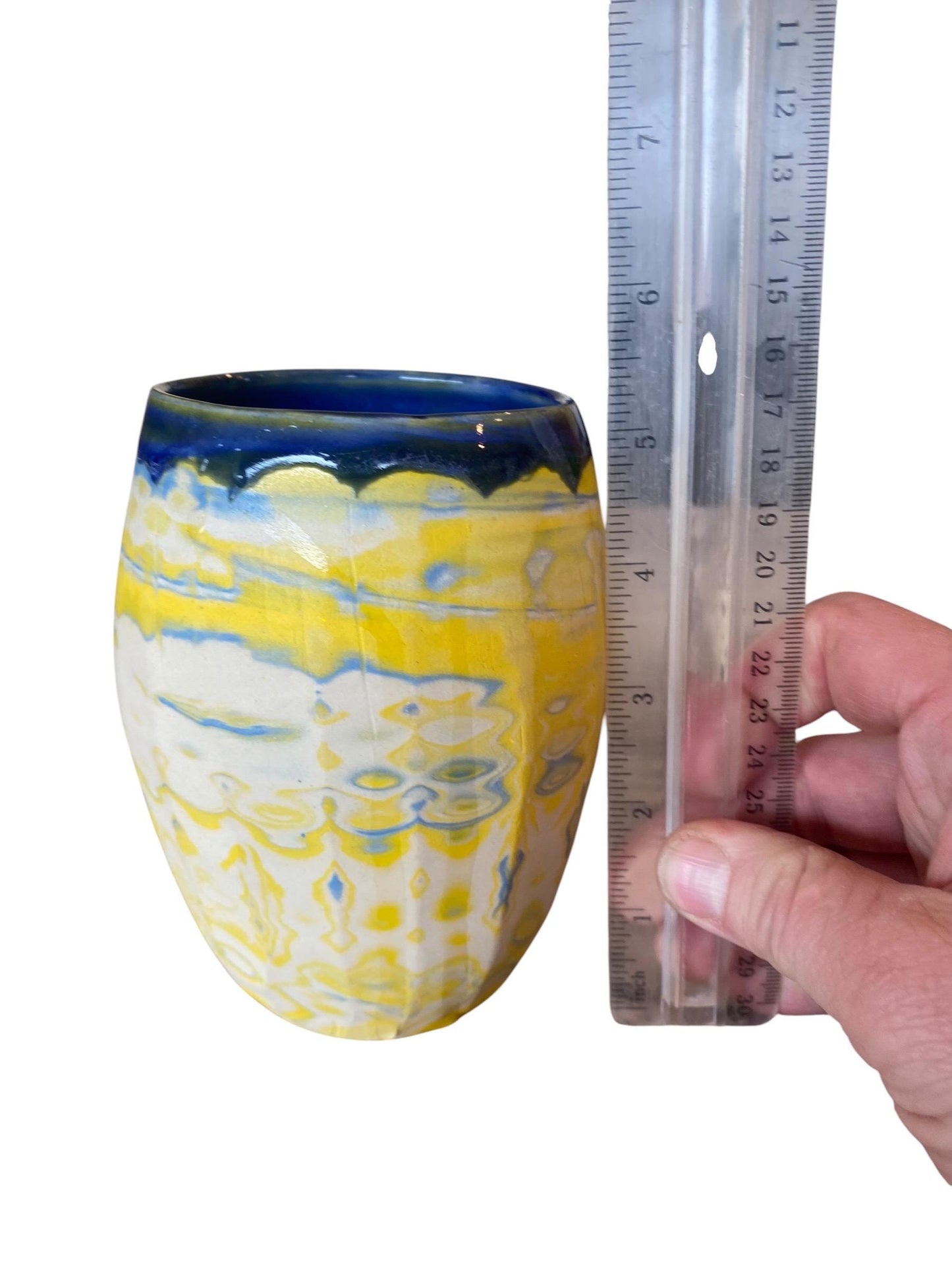 Artisanal Fluted 22 Ounce Porcelain Mug: Neriage Swirled Clays, Hand-Carved Satin-Smooth Pottery (D-31)