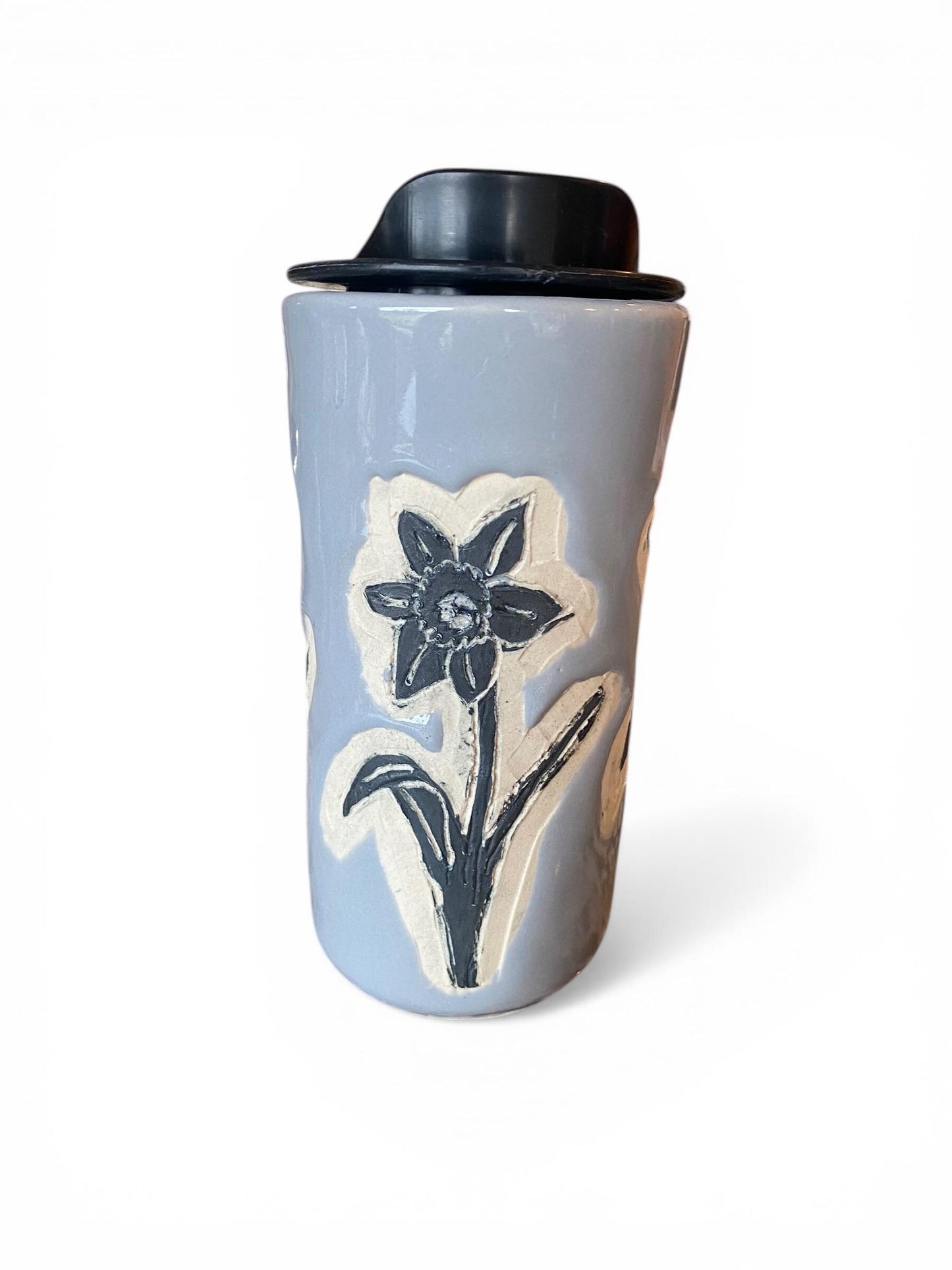 Handmade Travel Mug With Carved  Flower Design – 16 oz Stoneware Ceramic with BPA-Free Locking Lid | Artisan Coffee & Tea Cup