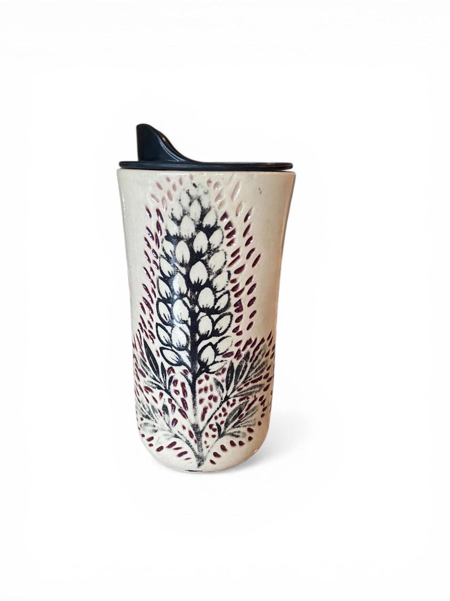 Handmade Travel Mug With Carved Lupine Flower Design – 16 oz Stoneware Ceramic with BPA-Free Locking Lid | Artisan Coffee & Tea Cup