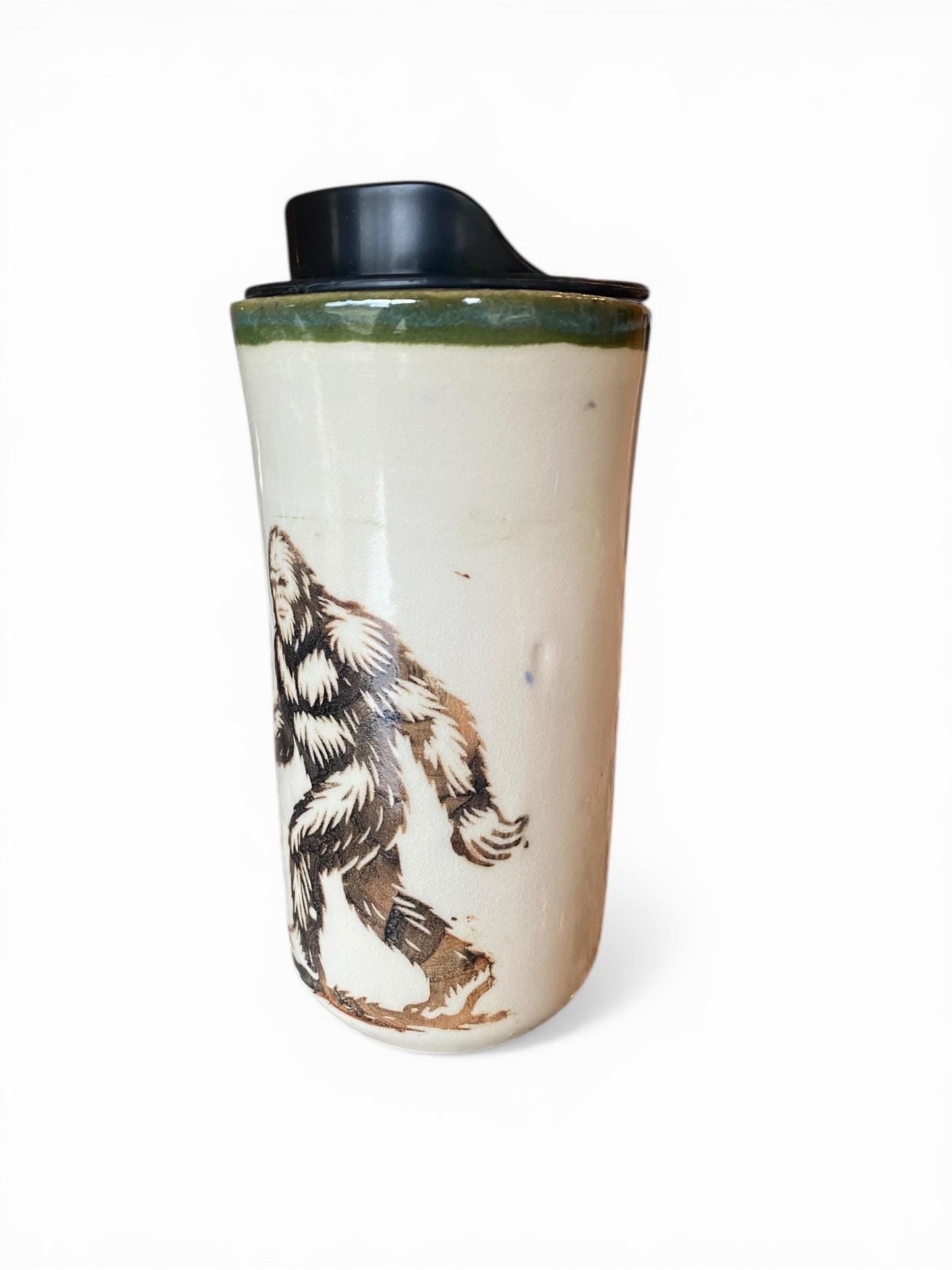 Handmade Hand-Painted Bigfoot and Alien Travel Mug- Pottery Mug -  Coffee Mug
