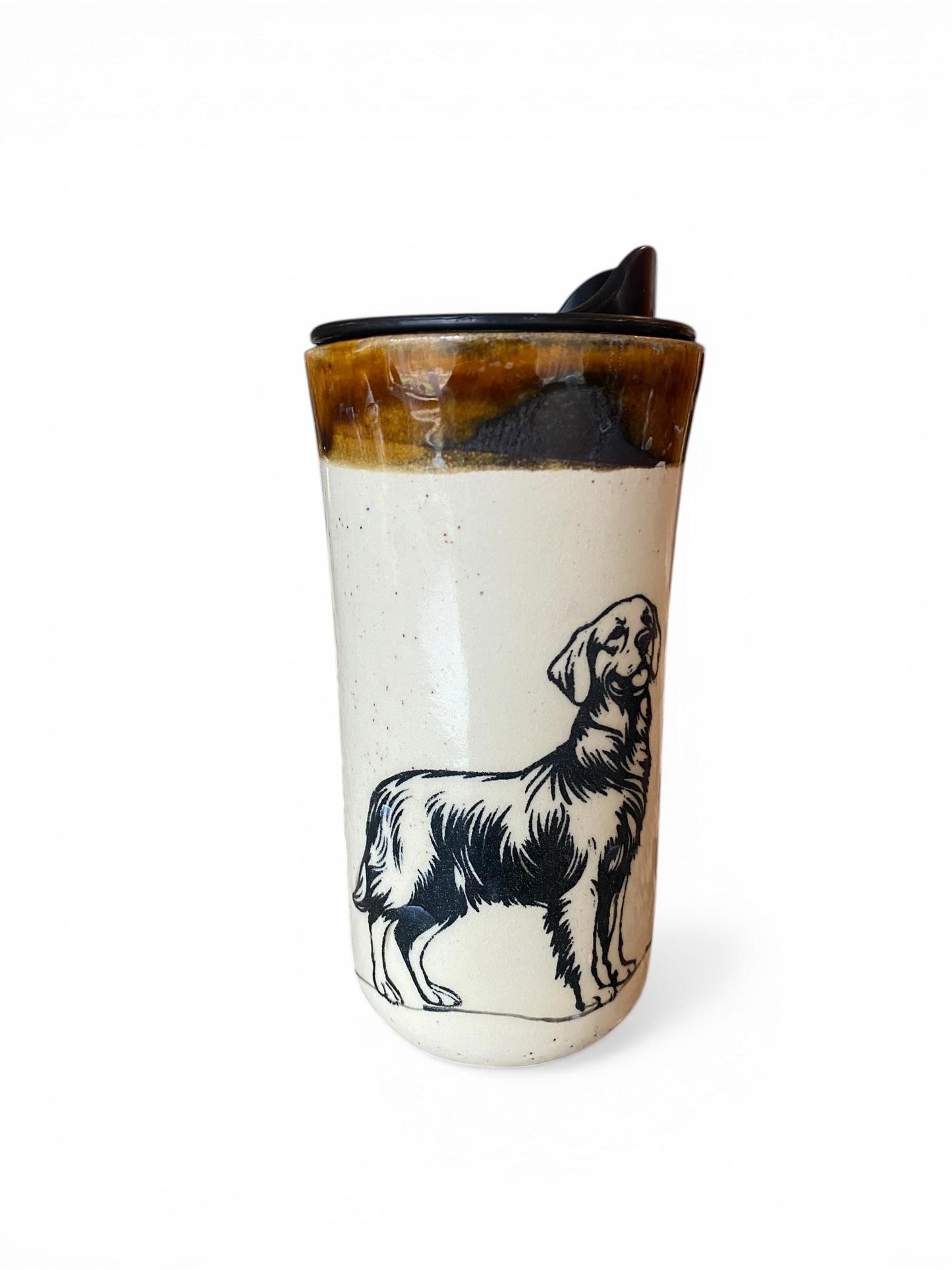 Golden Retriever, Dog Themed Ceramic Travel Mug – 16 oz Handmade Stoneware Tumbler with Attached Lid  | Eco-Friendly Pottery Cup