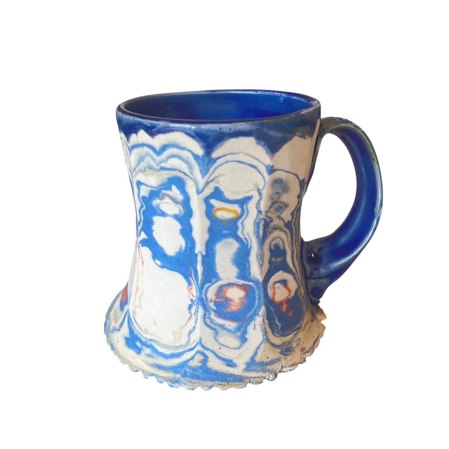 Artisanal Fluted 14 Ounce Porcelain Mug: Neriage Swirled Clays, Hand-Carved Satin-Smooth Pottery (D-30)