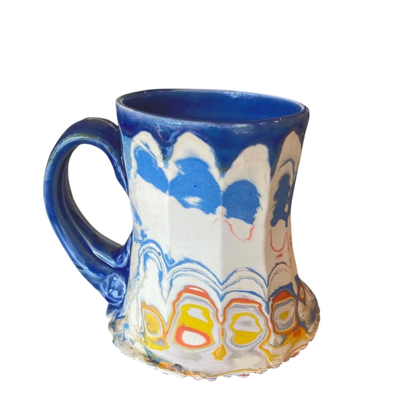 Artisanal Fluted 14 Ounce Porcelain Mug: Neriage Swirled Clays, Hand-Carved Satin-Smooth Pottery (D-30)
