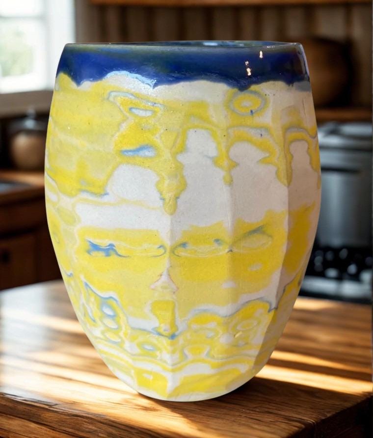 Artisanal Fluted 22 Ounce Porcelain Mug: Neriage Swirled Clays, Hand-Carved Satin-Smooth Pottery (D-31)
