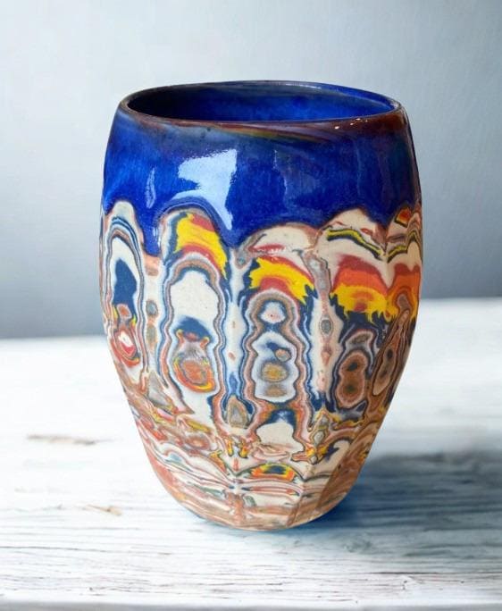 Artisanal Fluted 16 Ounce Porcelain Mug: Neriage Swirled Clays, Hand-Carved Satin-Smooth Pottery (D-36)