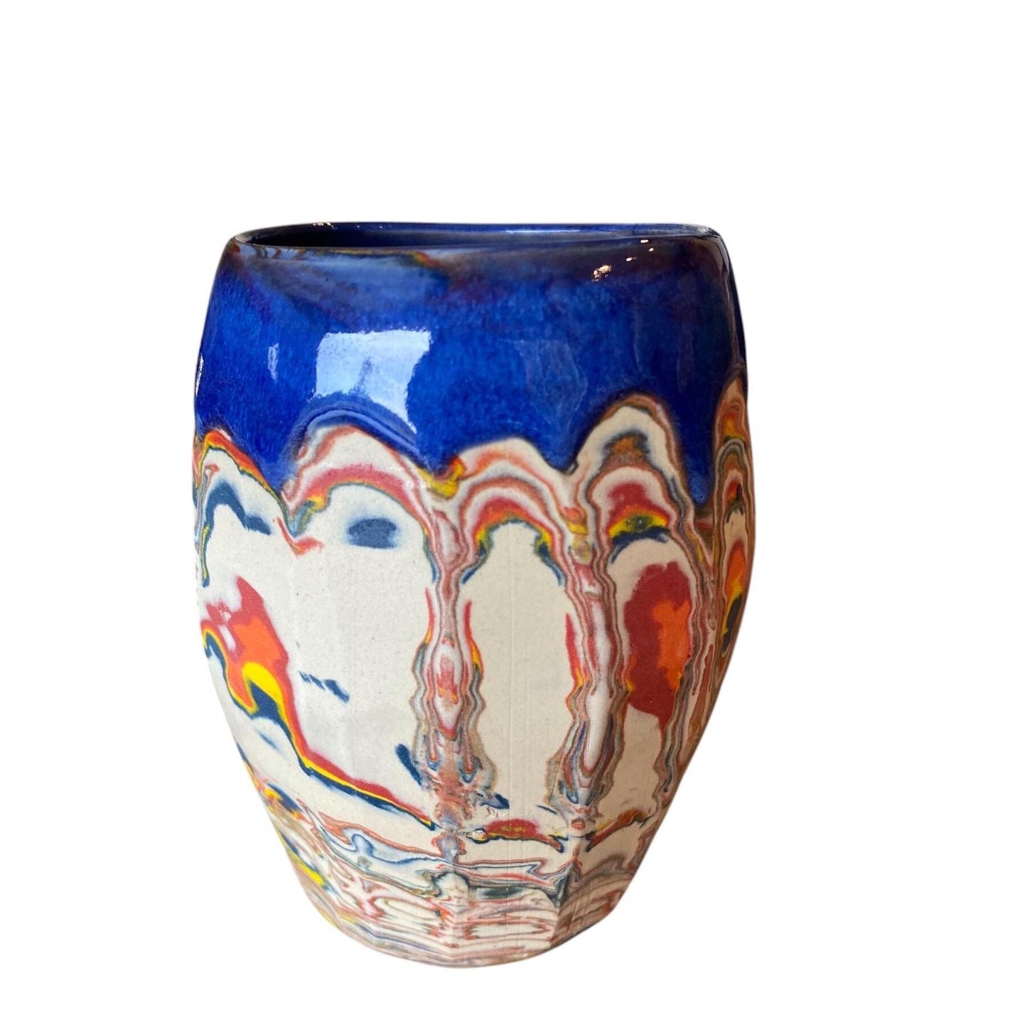 Artisanal Fluted 16 Ounce Porcelain Mug: Neriage Swirled Clays, Hand-Carved Satin-Smooth Pottery (D-36)