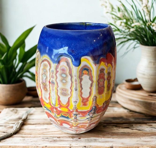 Artisanal Fluted 16 Ounce Porcelain Mug: Neriage Swirled Clays, Hand-Carved Satin-Smooth Pottery (D-35)