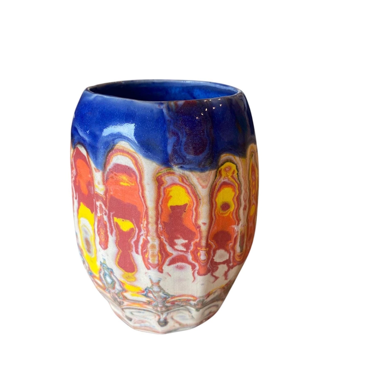 Artisanal Fluted 16 Ounce Porcelain Mug: Neriage Swirled Clays, Hand-Carved Satin-Smooth Pottery (D-35)