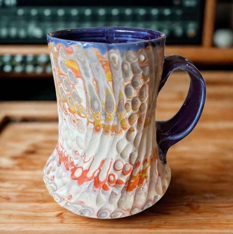 Artisanal Fluted 16 Ounce Porcelain Mug: Neriage Swirled Clays, Hand-Carved Satin-Smooth Pottery (D-37)