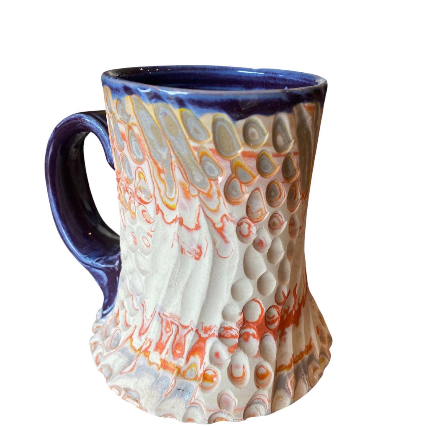 Artisanal Fluted 16 Ounce Porcelain Mug: Neriage Swirled Clays, Hand-Carved Satin-Smooth Pottery (D-37)