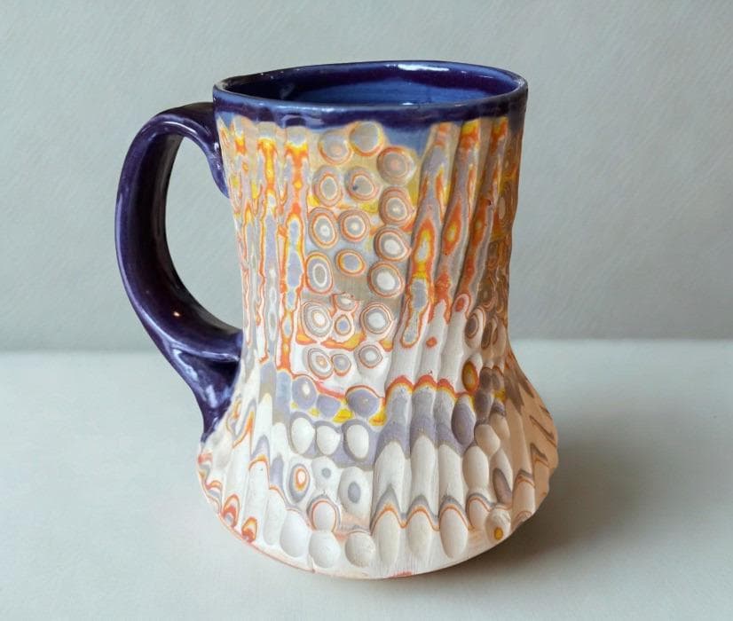 Artisanal Fluted 16 Ounce Porcelain Mug: Neriage Swirled Clays, Hand-Carved Satin-Smooth Pottery (D-38)
