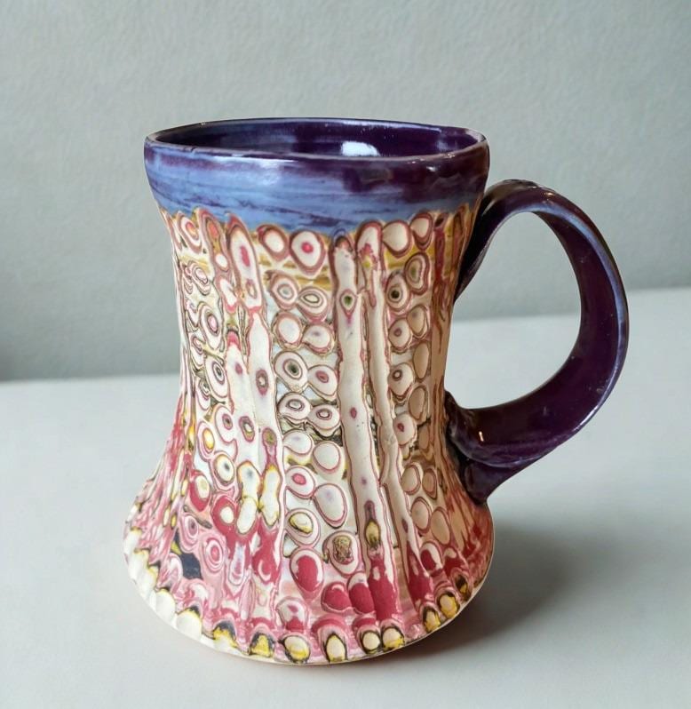 Artisanal Fluted 16 Ounce Porcelain Mug: Neriage Swirled Clays, Hand-Carved Satin-Smooth Pottery (D-39)