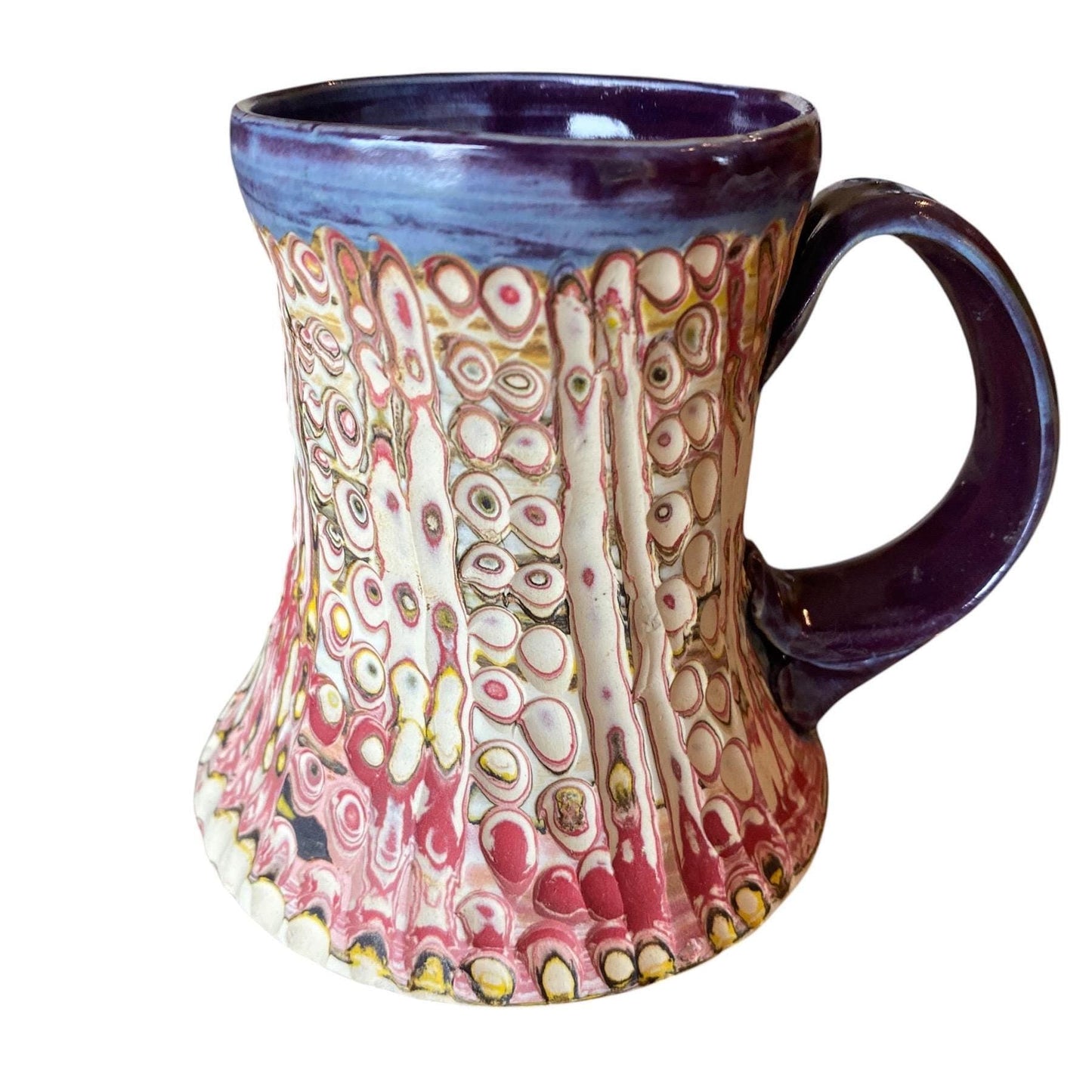 Artisanal Fluted 16 Ounce Porcelain Mug: Neriage Swirled Clays, Hand-Carved Satin-Smooth Pottery (D-39)