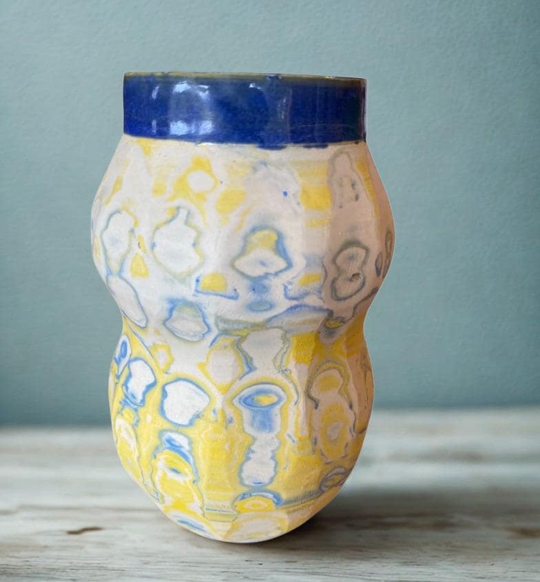 Artisanal Fluted 24 Ounce Porcelain Mug: Neriage Swirled Clays, Hand-Carved Satin-Smooth Pottery (D-33)