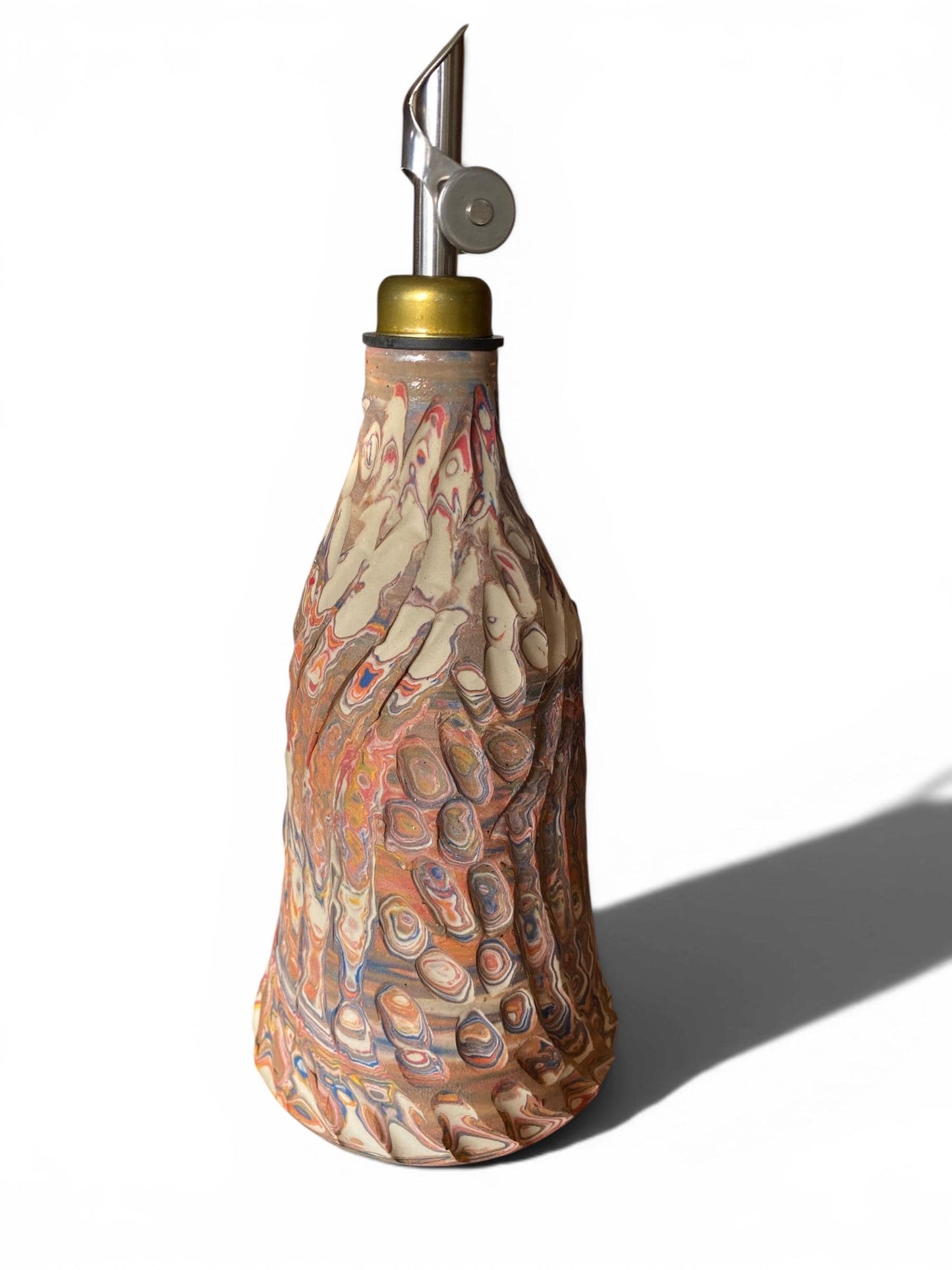 Artisanal 16 Ounce Porcelain Oil Dispensar: Neriage Swirled Clays, Hand-Carved Satin-Smooth Pottery (D-44)