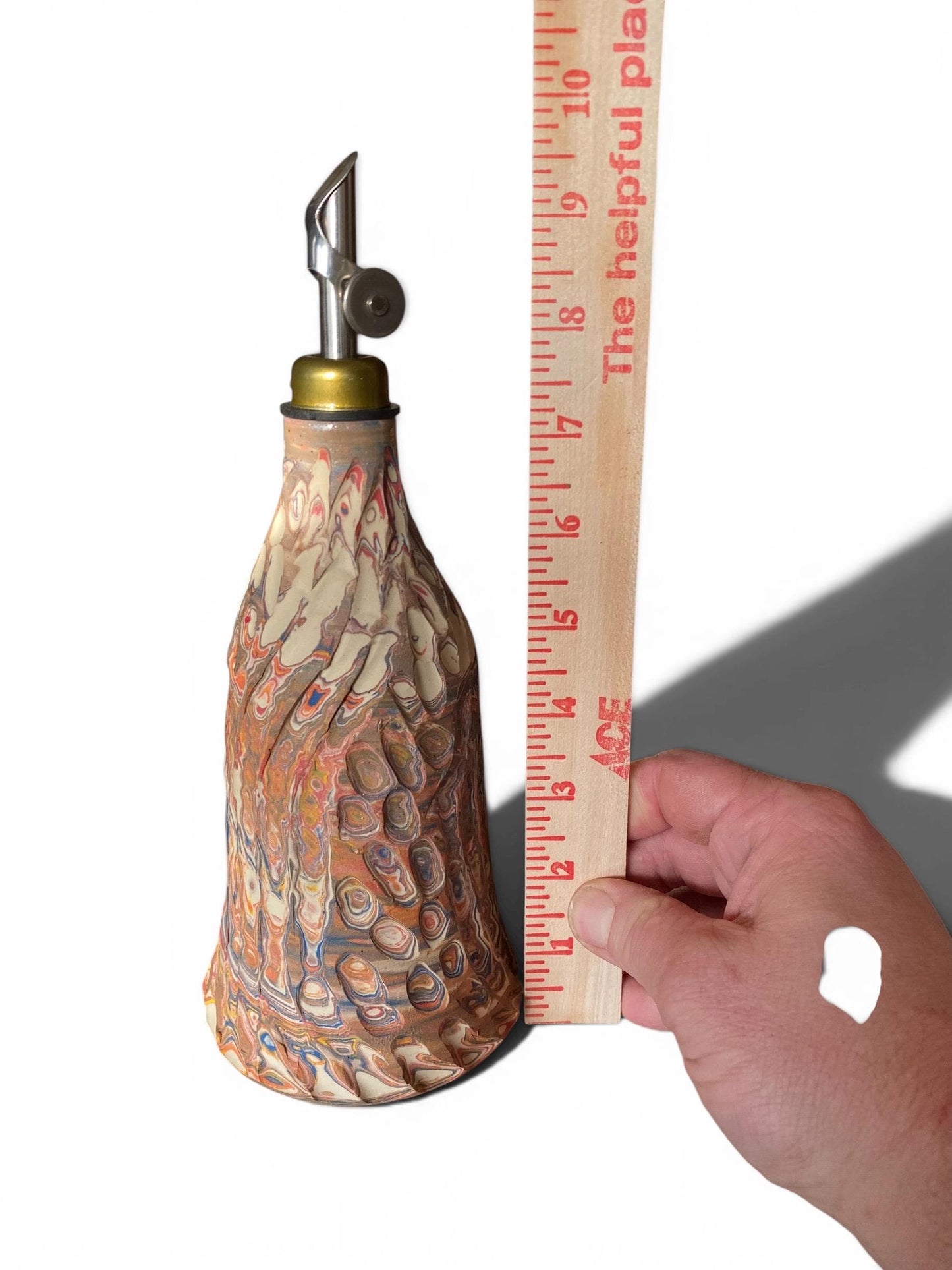 Artisanal 16 Ounce Porcelain Oil Dispensar: Neriage Swirled Clays, Hand-Carved Satin-Smooth Pottery (D-44)