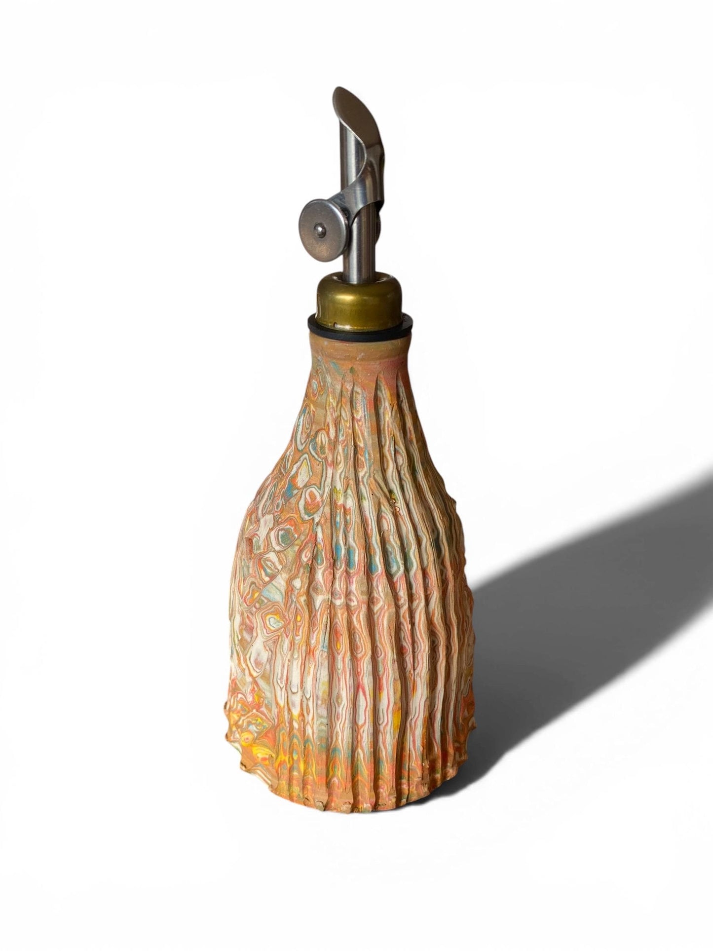 Artisanal 14 Ounce Porcelain Oil Dispensar: Neriage Swirled Clays, Hand-Carved Satin-Smooth Pottery (D-43)