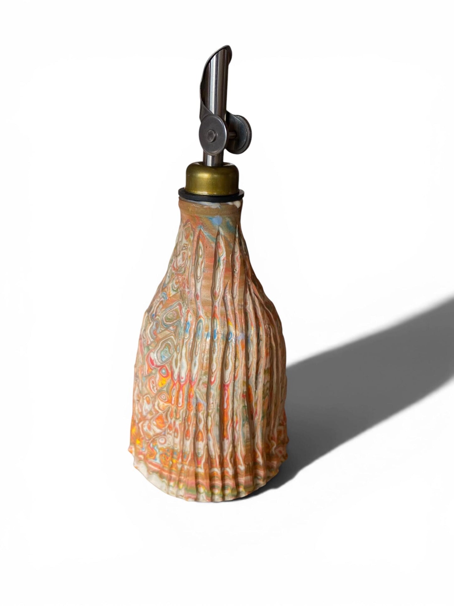 Artisanal 14 Ounce Porcelain Oil Dispensar: Neriage Swirled Clays, Hand-Carved Satin-Smooth Pottery (D-43)