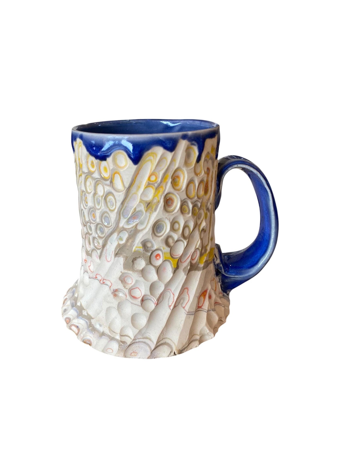 Artisanal Fluted 14 Ounce Porcelain Mug: Neriage Swirled Clays, Hand-Carved Satin-Smooth Pottery (D-29)