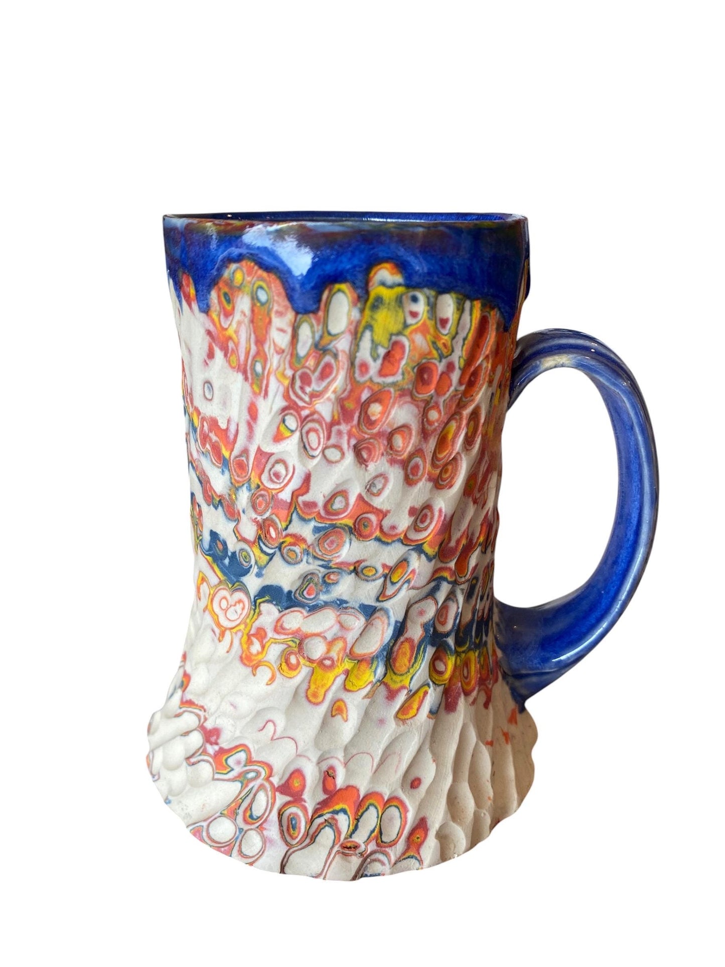 Artisanal Fluted 16 Ounce Porcelain Mug: Neriage Swirled Clays, Hand-Carved Satin-Smooth Pottery (D-28)