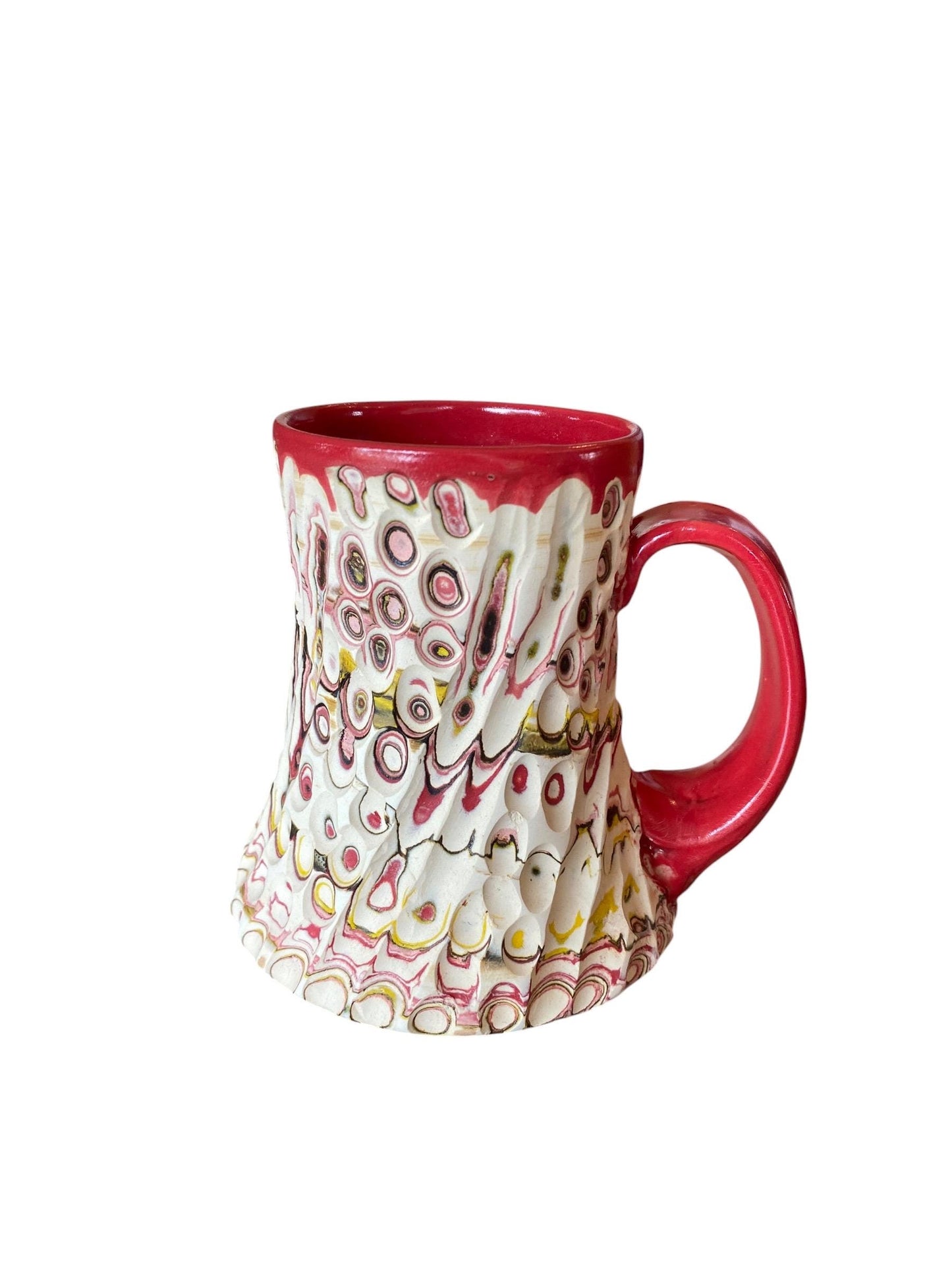 Artisanal Fluted 12 Ounce Porcelain Mug: Neriage Swirled Clays, Hand-Carved Satin-Smooth Pottery (D-24)