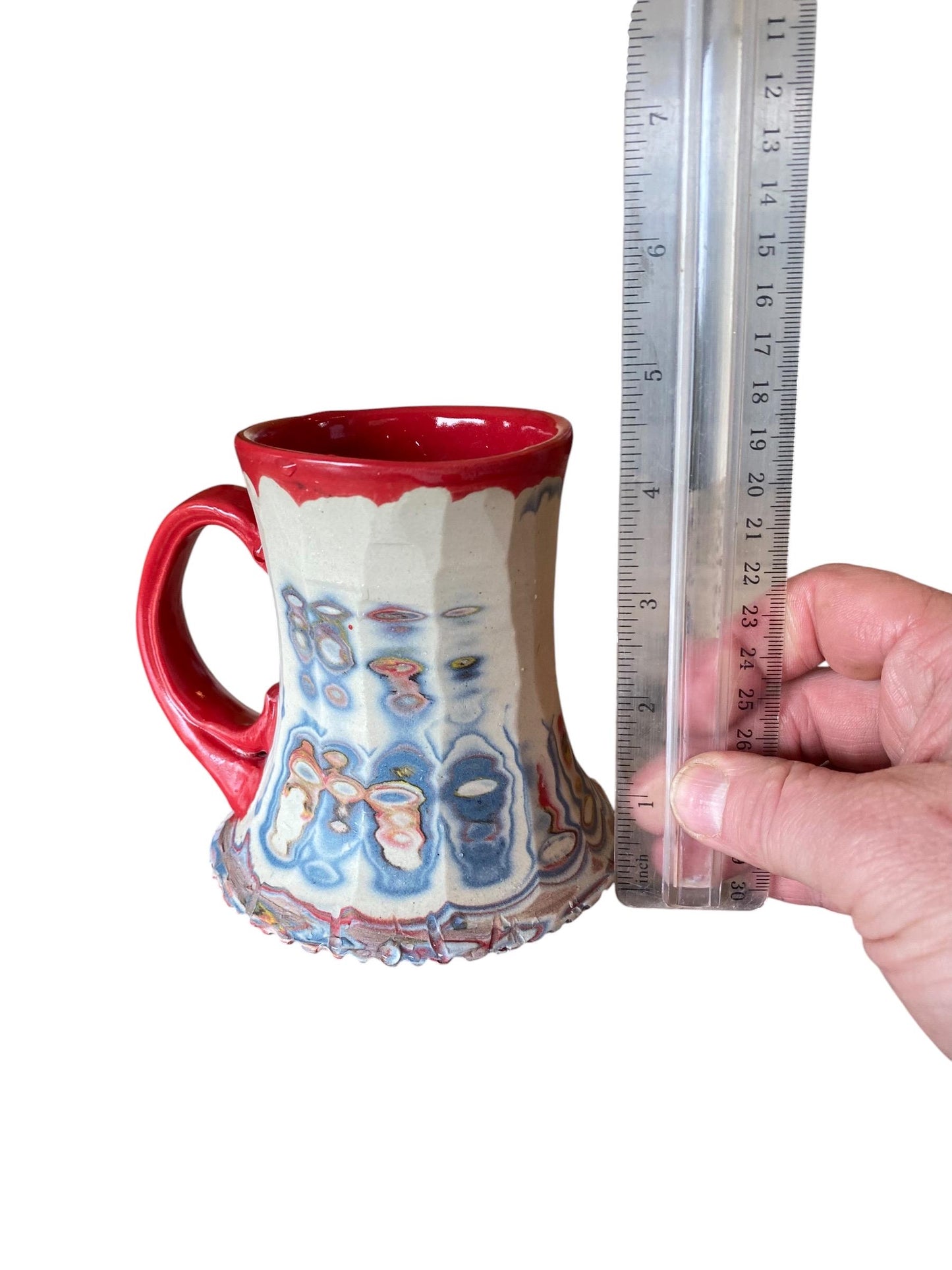 Artisanal Fluted 14 Ounce Porcelain Mug: Neriage Swirled Clays, Hand-Carved Satin-Smooth Pottery (D-23)