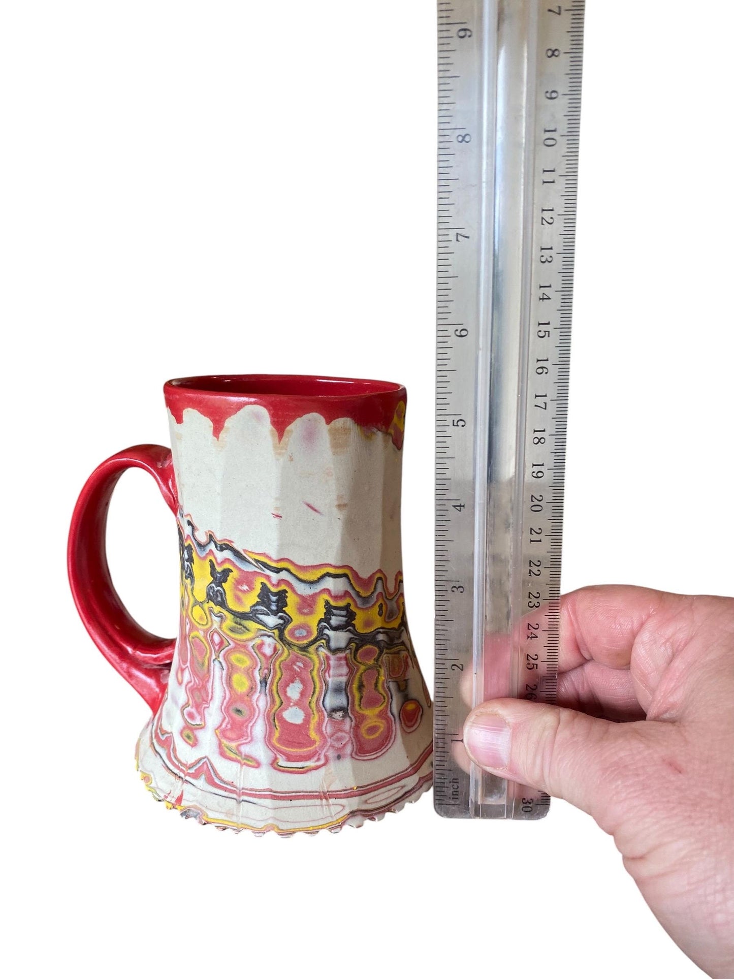 Artisanal Fluted 18 Ounce Porcelain Mug: Neriage Swirled Clays, Hand-Carved Satin-Smooth Pottery (D-18)