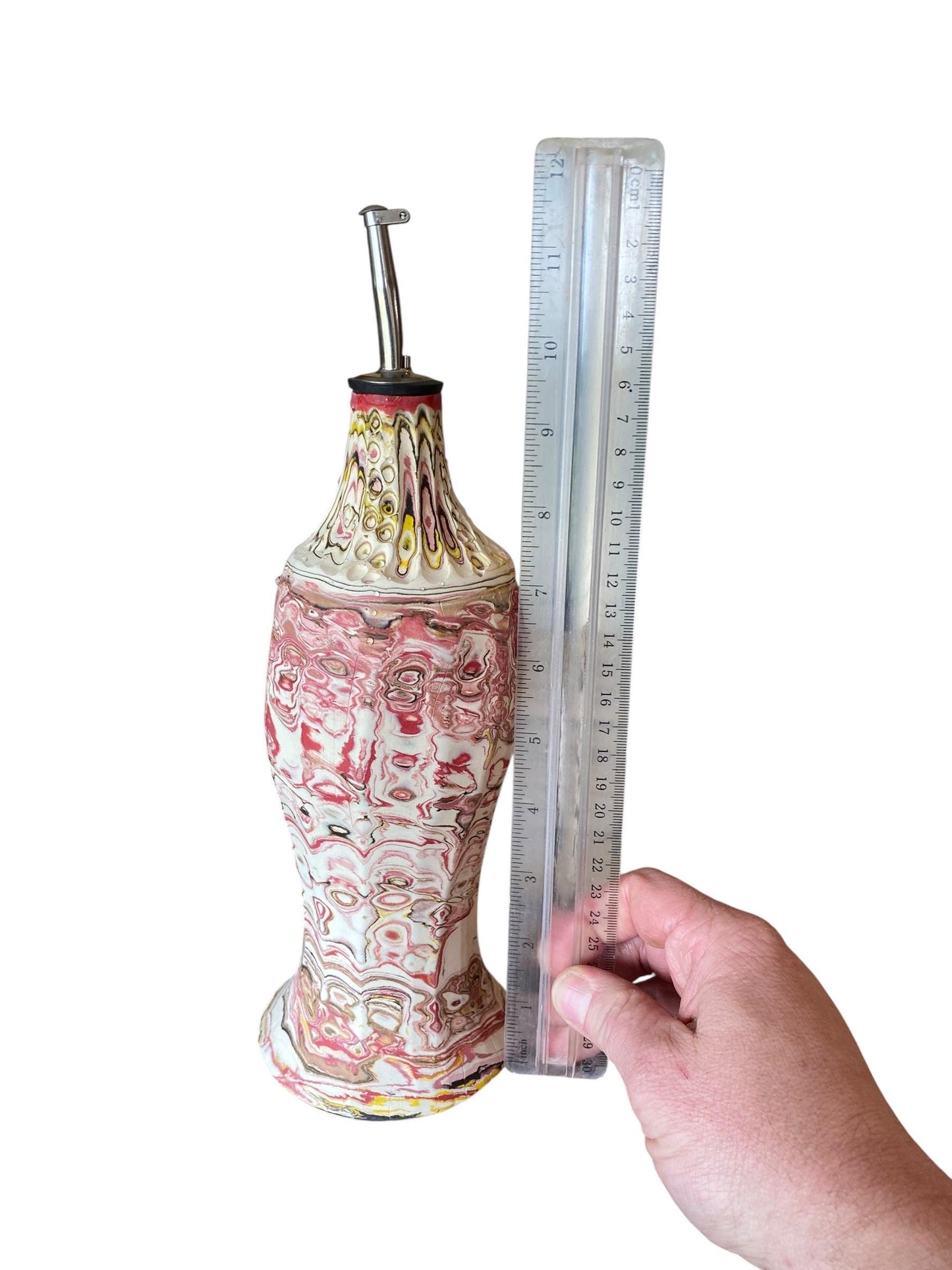 Artisanal 22 Ounce Neriage Porcelain Oil Dispenser - Hand-Carved Swirled Clay Kitchen Pottery (D-16)
