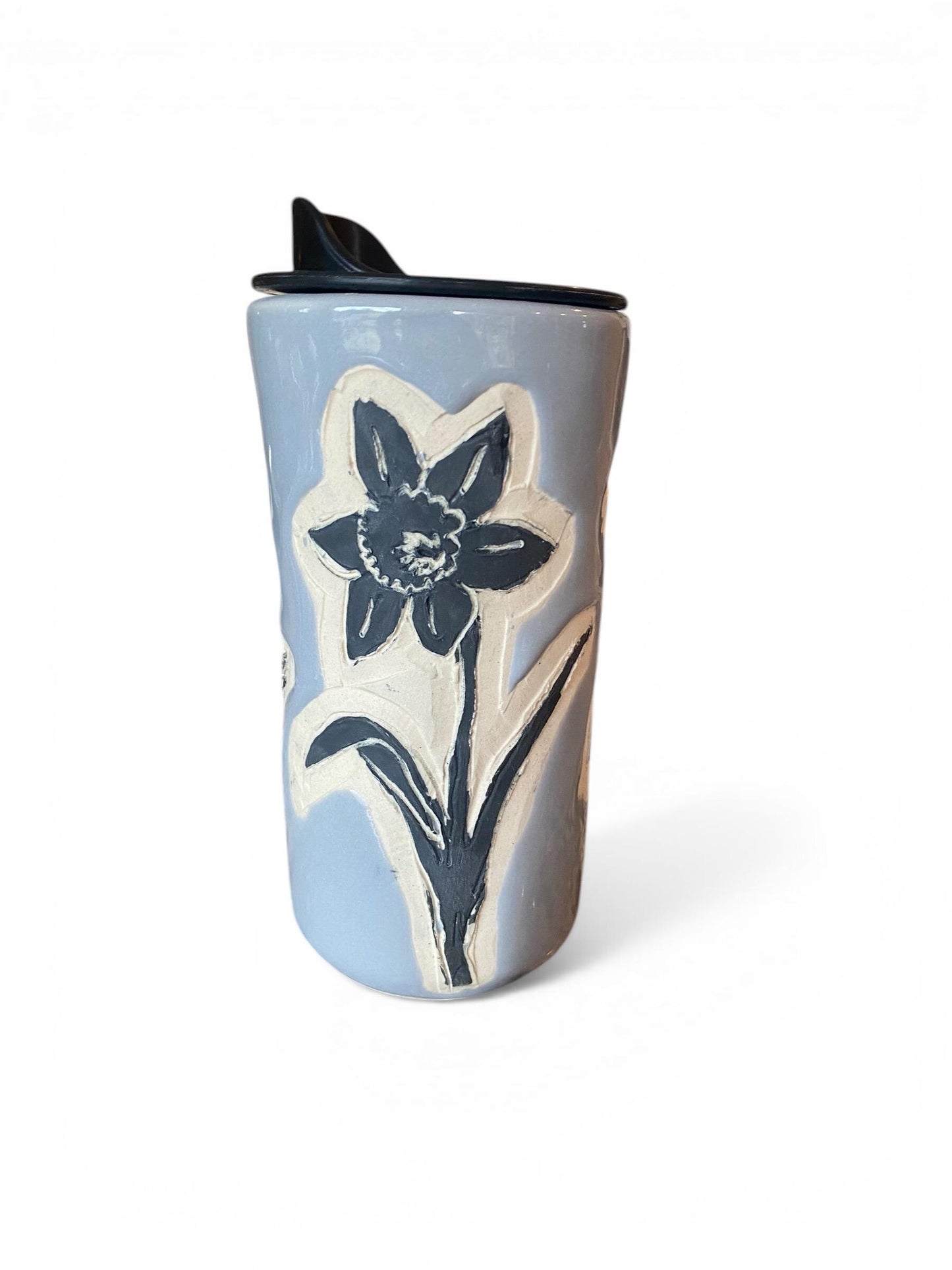 Handmade Travel Mug With Carved  Flower Design – 16 oz Stoneware Ceramic with BPA-Free Locking Lid | Artisan Coffee & Tea Cup