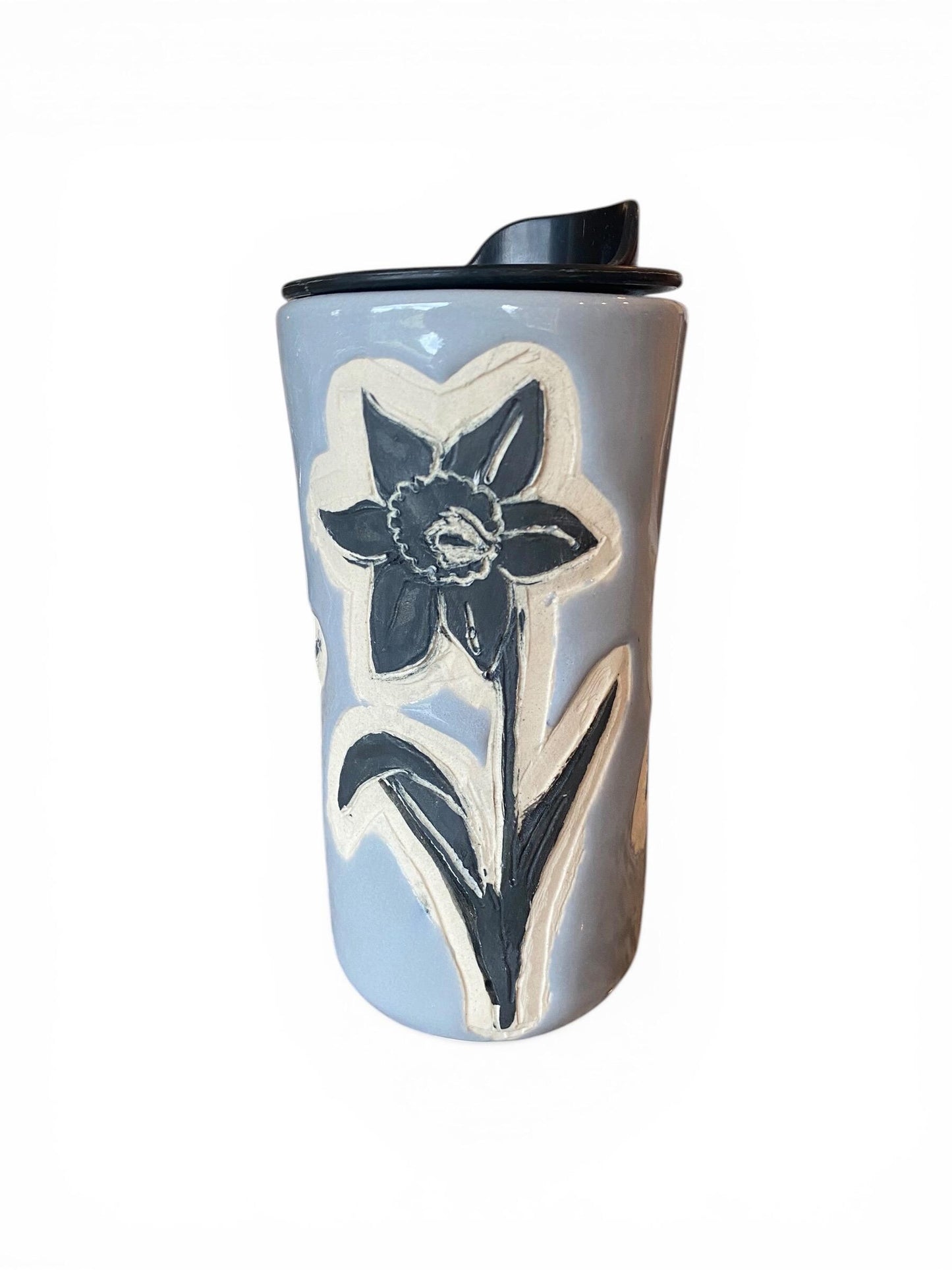 Handmade Travel Mug With Carved  Flower Design – 16 oz Stoneware Ceramic with BPA-Free Locking Lid | Artisan Coffee & Tea Cup