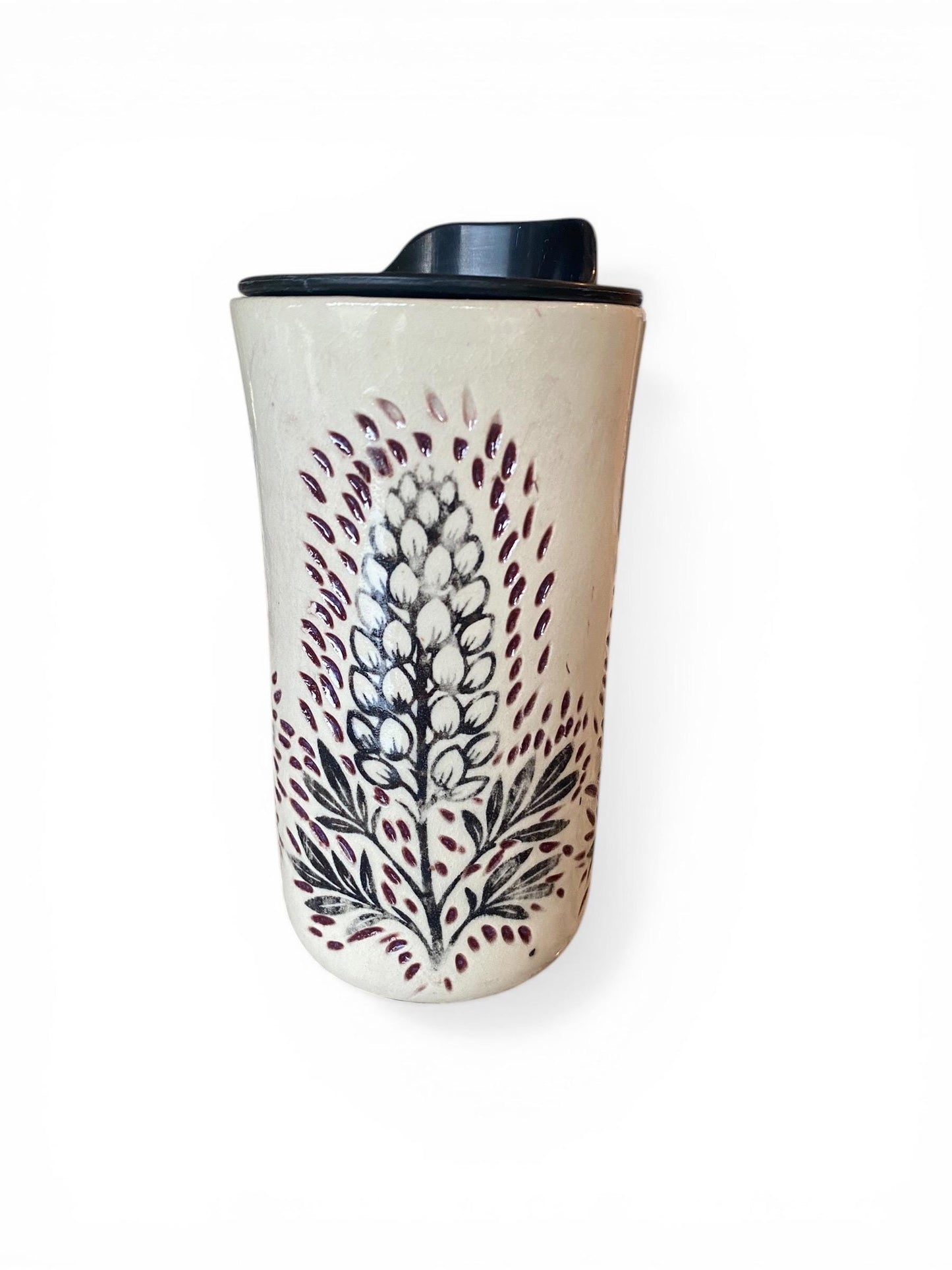 Handmade Travel Mug With Carved Lupine Flower Design – 16 oz Stoneware Ceramic with BPA-Free Locking Lid | Artisan Coffee & Tea Cup