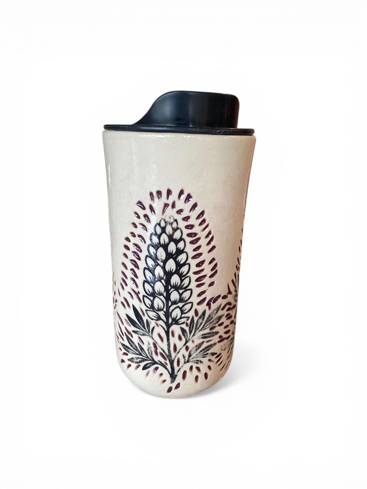 Handmade Travel Mug With Carved Lupine Flower Design – 16 oz Stoneware Ceramic with BPA-Free Locking Lid | Artisan Coffee & Tea Cup