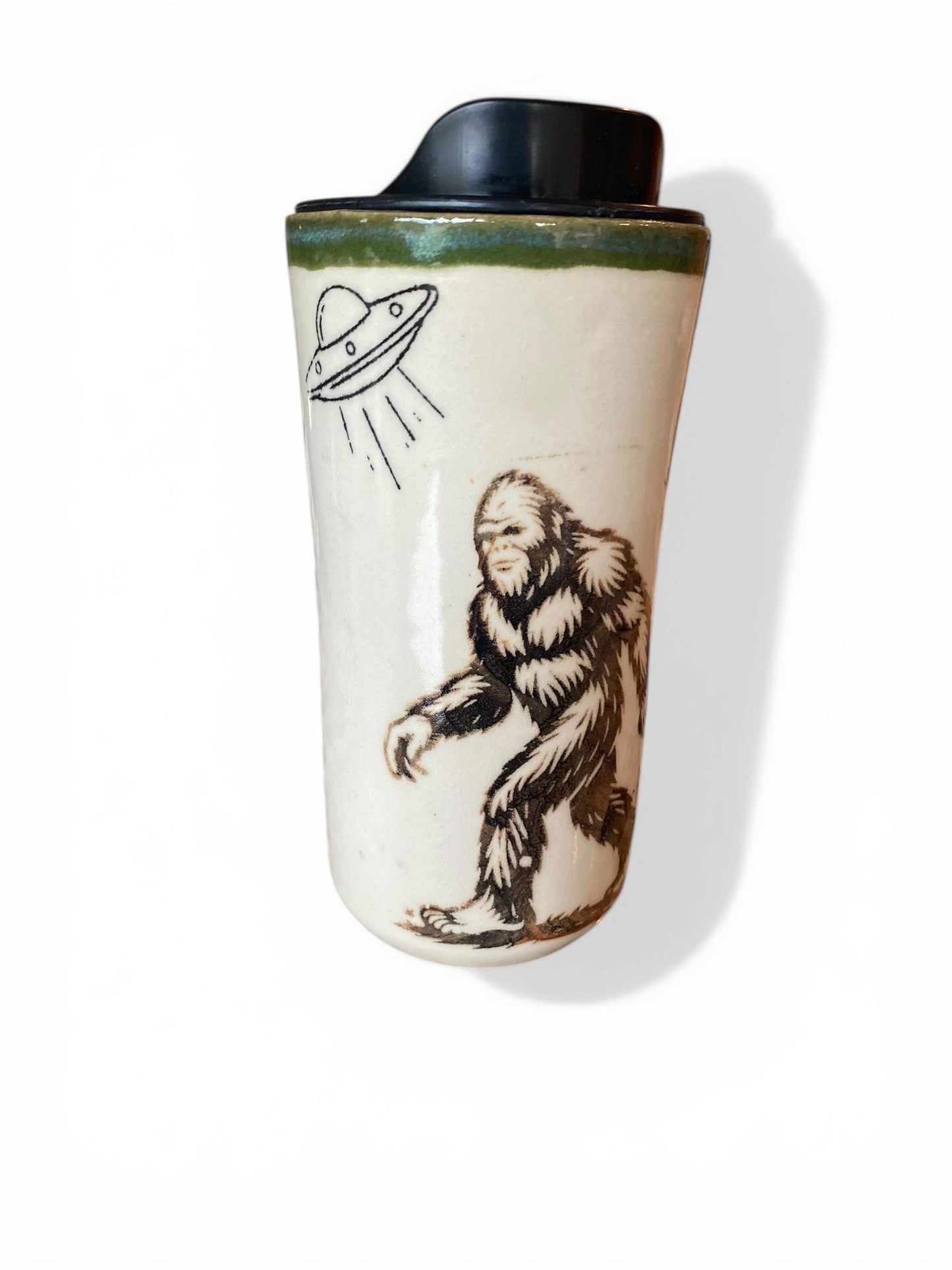 Handmade Hand-Painted Bigfoot and Alien Travel Mug- Pottery Mug -  Coffee Mug