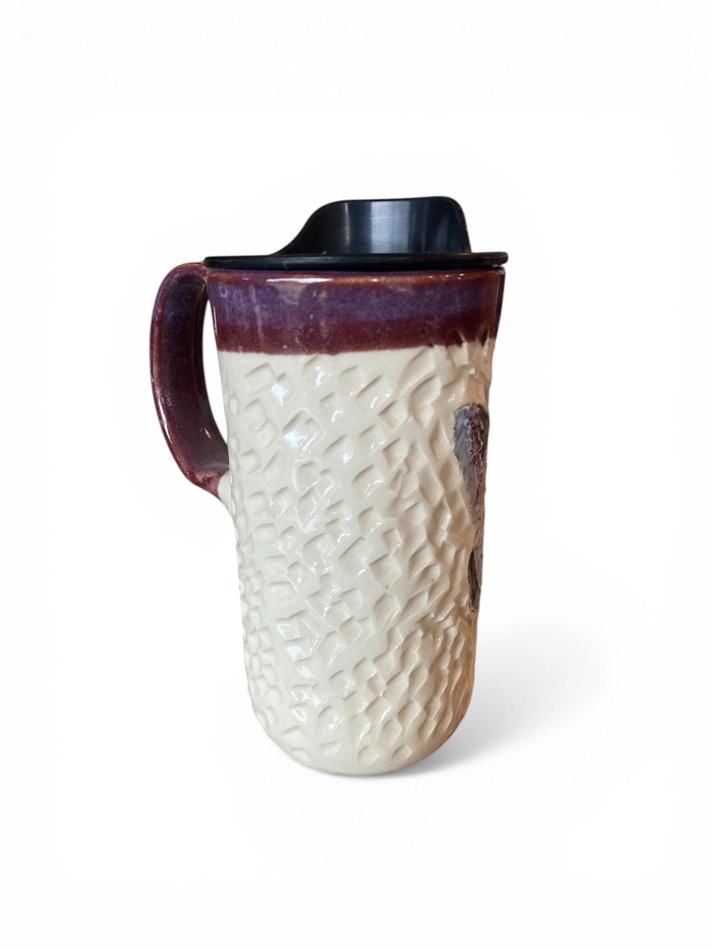 Handmade Travel Mug With Carved Butterfly Design – 16 oz Stoneware Ceramic with BPA-Free Locking Lid | Artisan Coffee & Tea Cup