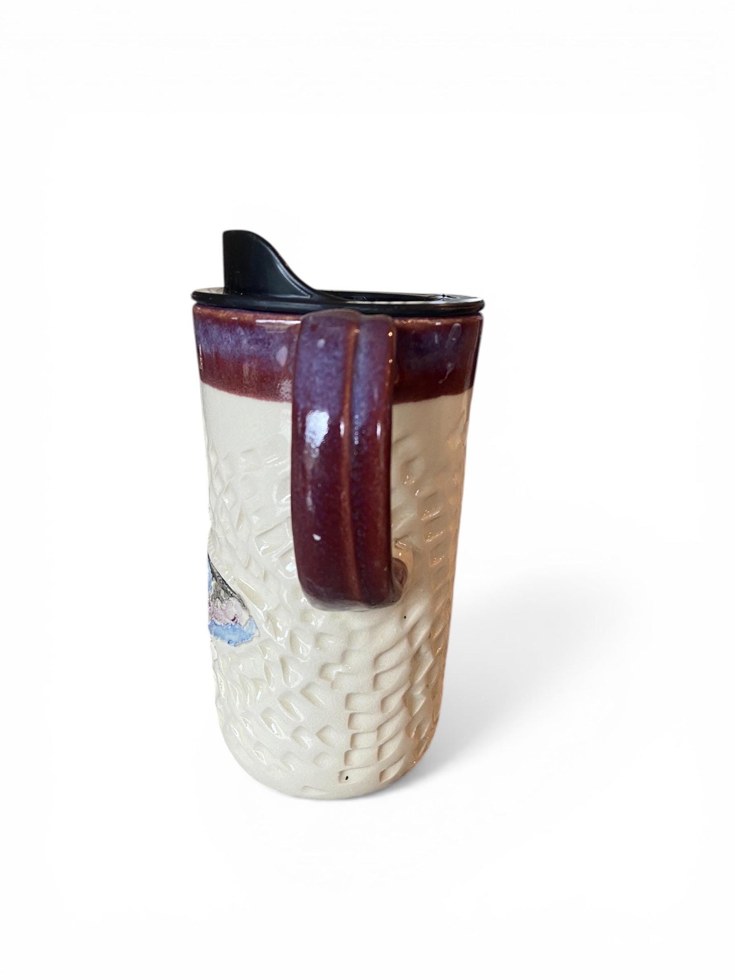Handmade Travel Mug With Carved Butterfly Design – 16 oz Stoneware Ceramic with BPA-Free Locking Lid | Artisan Coffee & Tea Cup